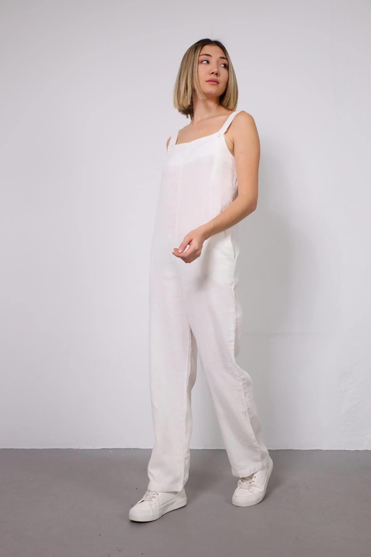 Beyaz Kalın Askılı Keten Tulum - Şaman Butik - Bohem Giyim ve Aksesuar | Kadın & Erkek Beyaz Kalın Askılı Keten Tulum