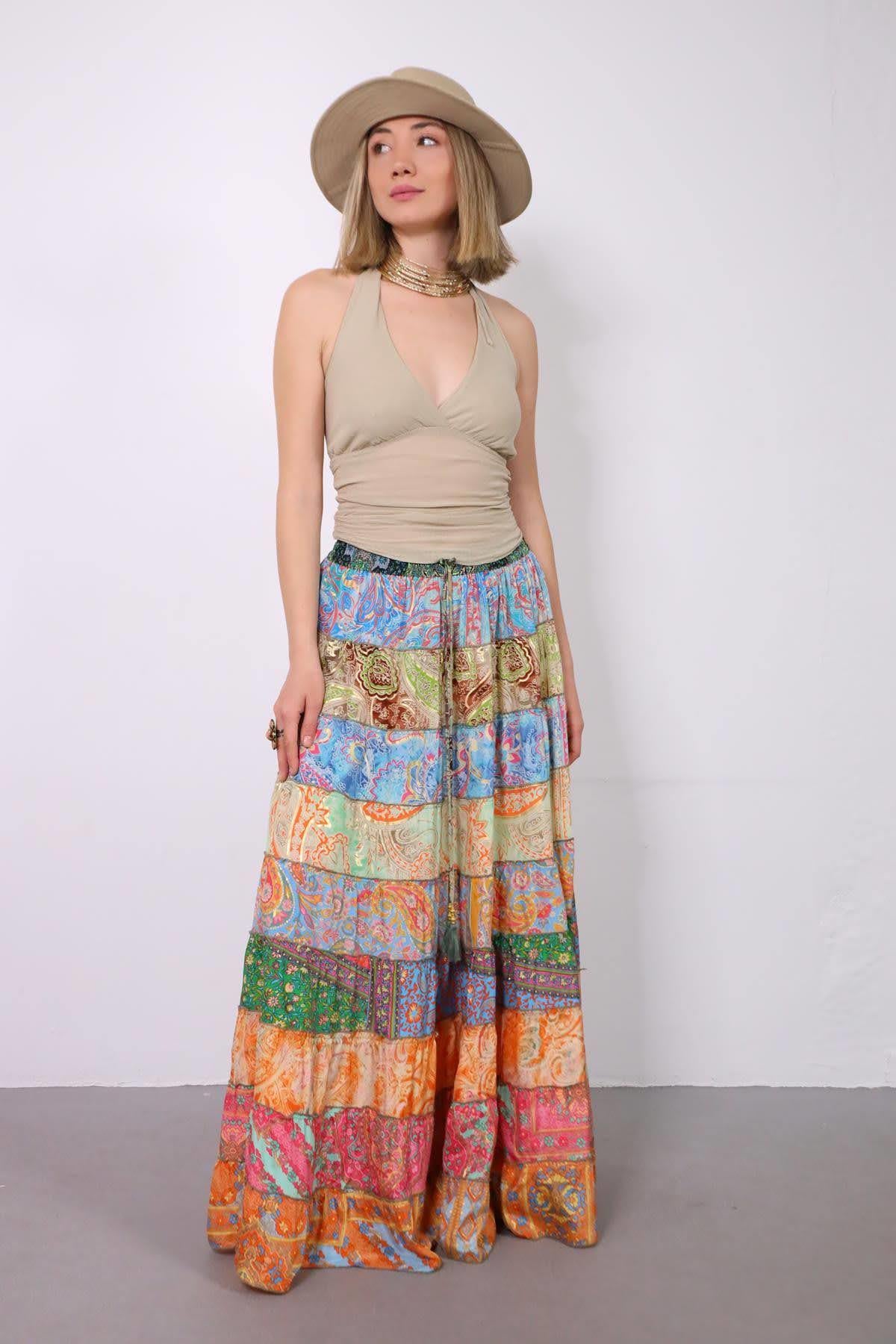 Renkli Patchwork Otantik İpek Etek - Şaman Butik Renkli Patchwork Otantik İpek Etek