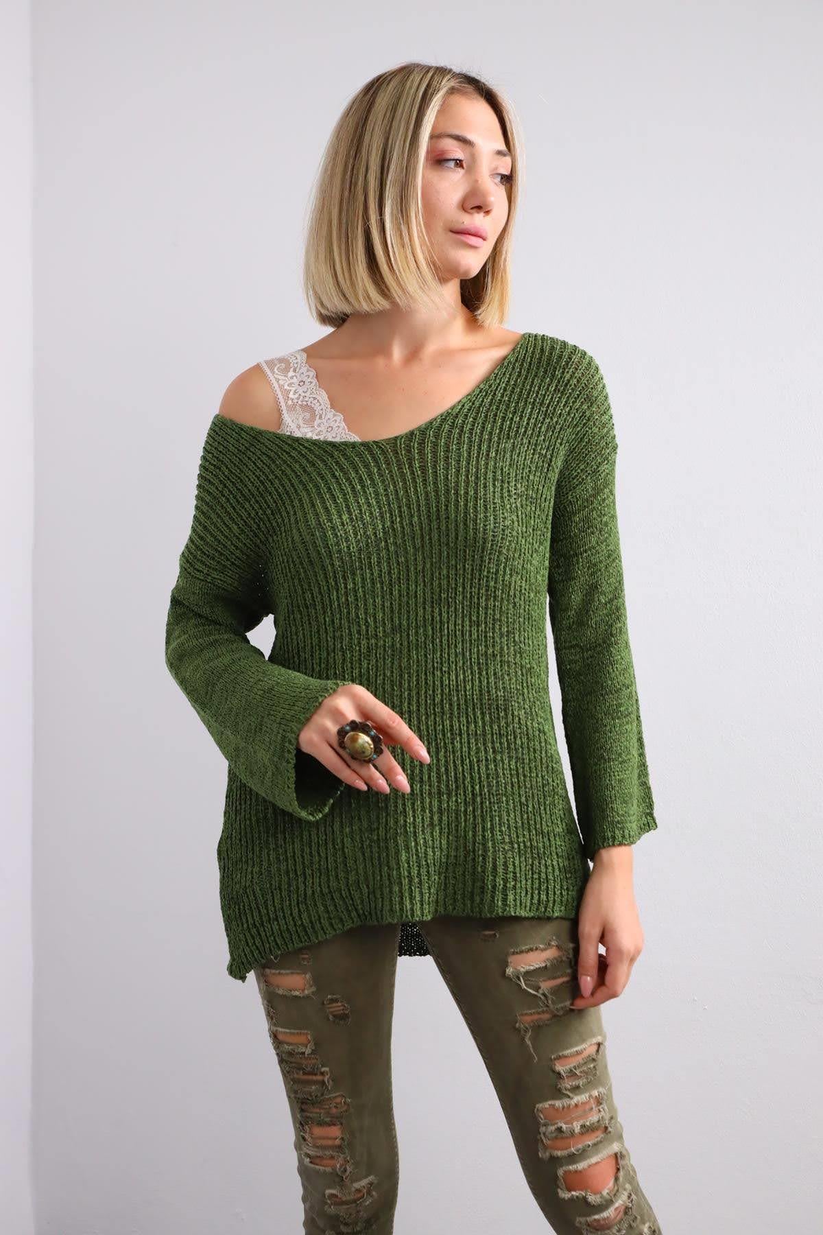  Yeşil V Yaka Uzun Kollu Merserize