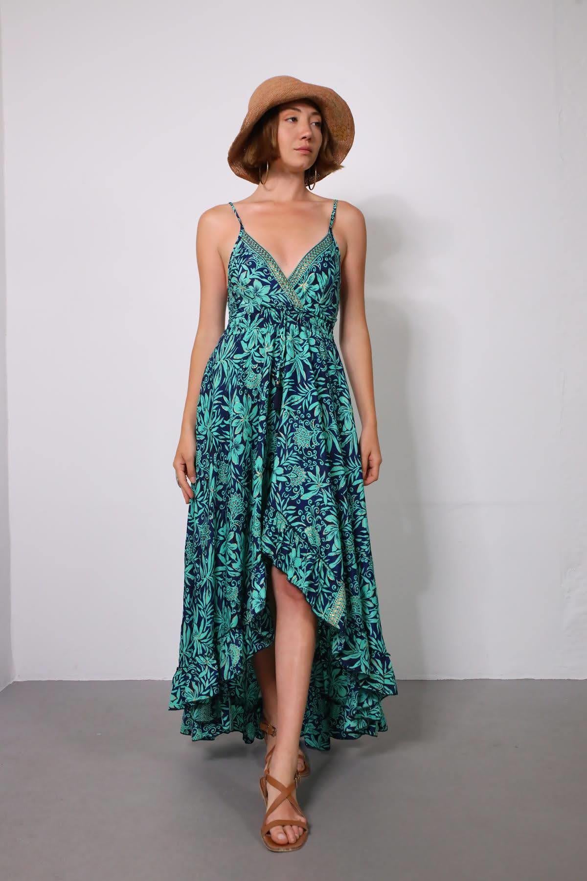 Lacivert Desenli Önü Kısa Gipeli İpek Elbise - Şaman Butik Lacivert Desenli Önü Kısa Gipeli İpek Elbise