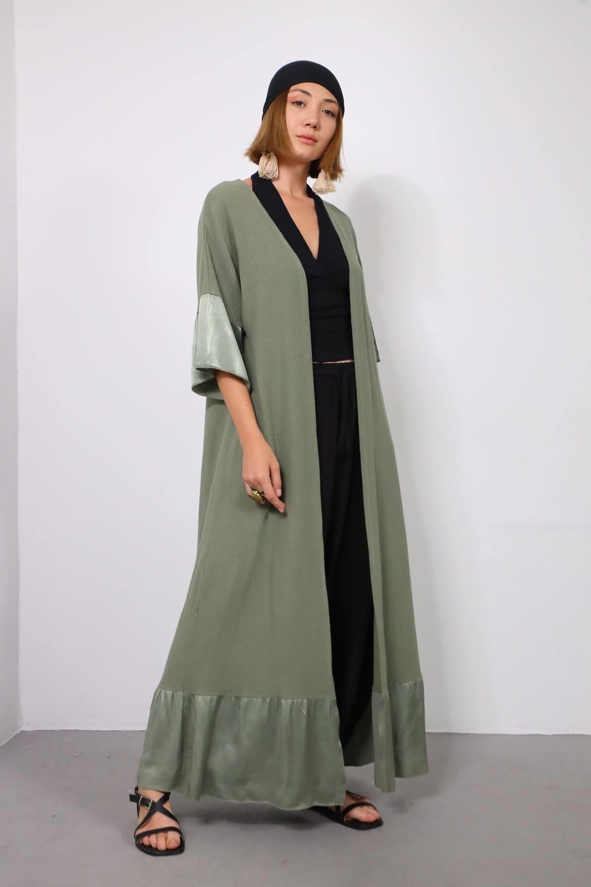 Haki Kolları ve Eteği Saten Detaylı Kaftan - Şaman Butik Haki Kolları ve Eteği Saten Detaylı Kaftan