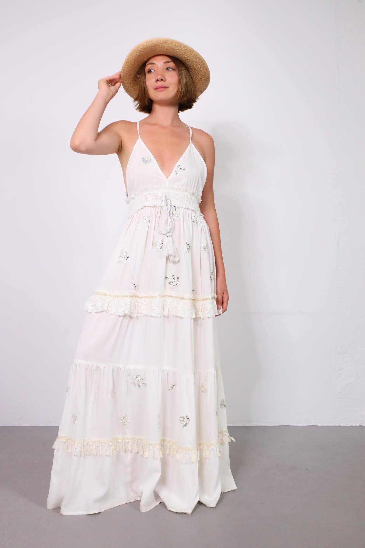 Beyaz İşlemeli Güpür Detaylı Askılı Elbise - Şaman Butik Beyaz İşlemeli Güpür Detaylı Askılı Elbise