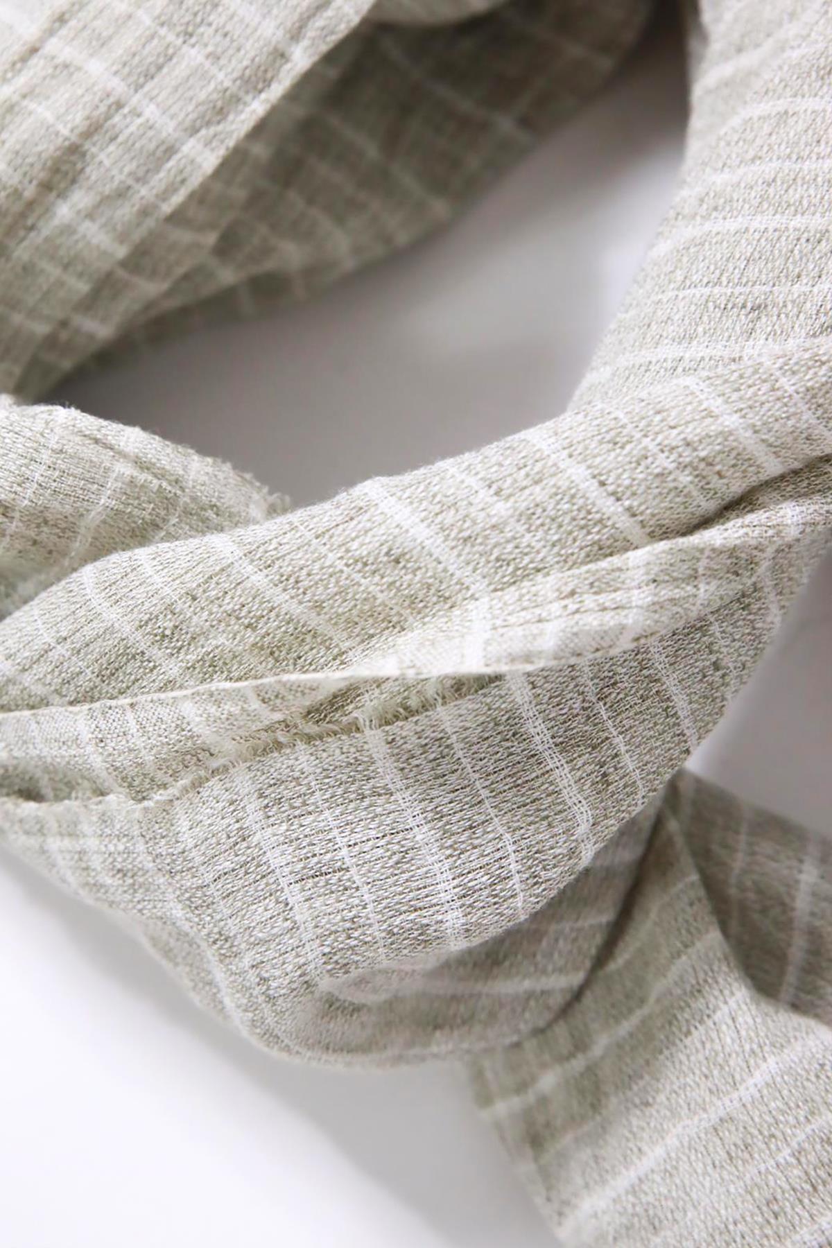 Haki Çizgili Keten Fular - Şaman Butik Haki Çizgili Keten Fular