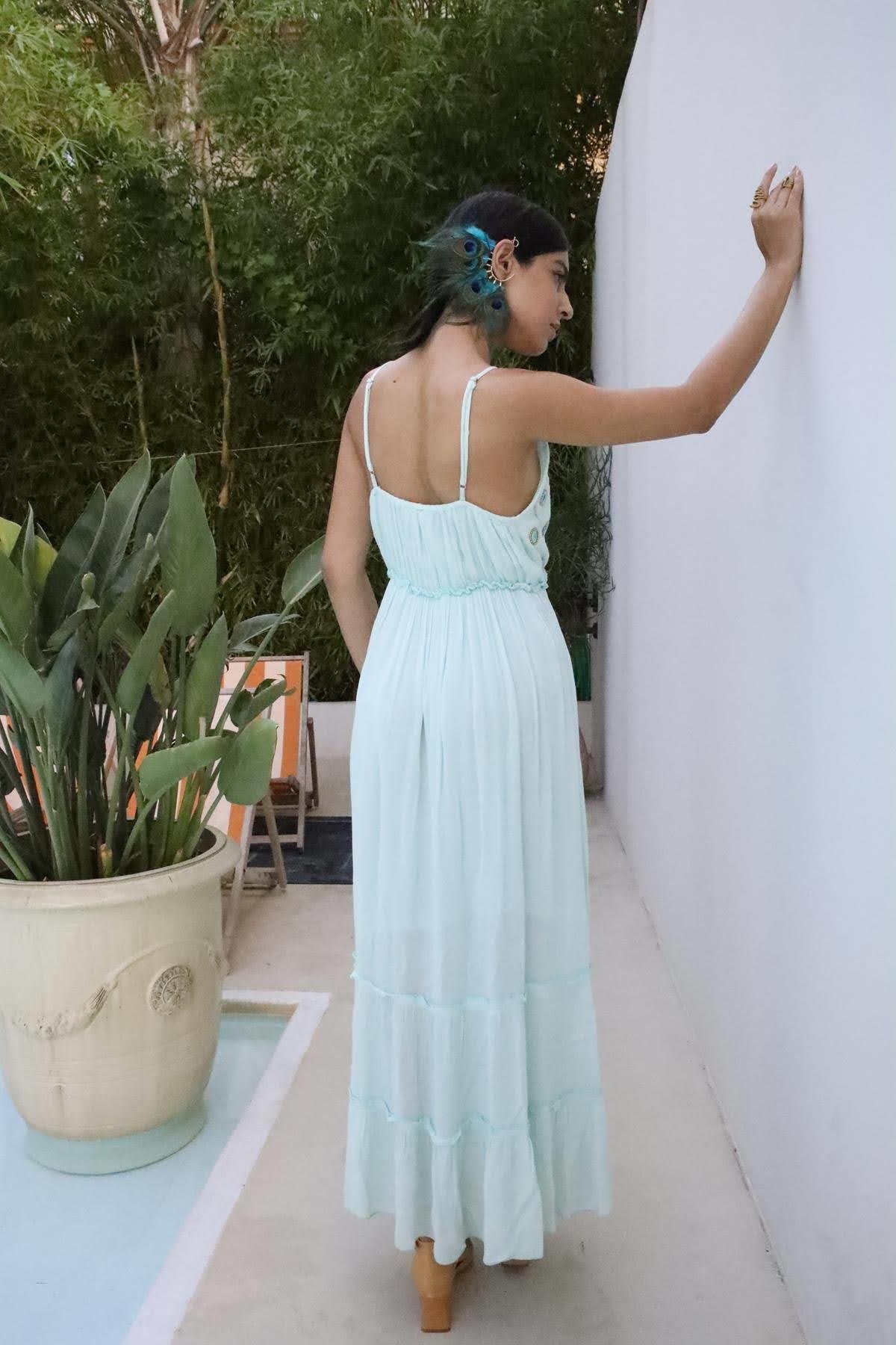 Gök Mavi Püsküllü Ayna Detaylı Askılı Bohem Elbise - Şaman Butik Gök Mavi Püsküllü Ayna Detaylı Askılı Bohem Elbise