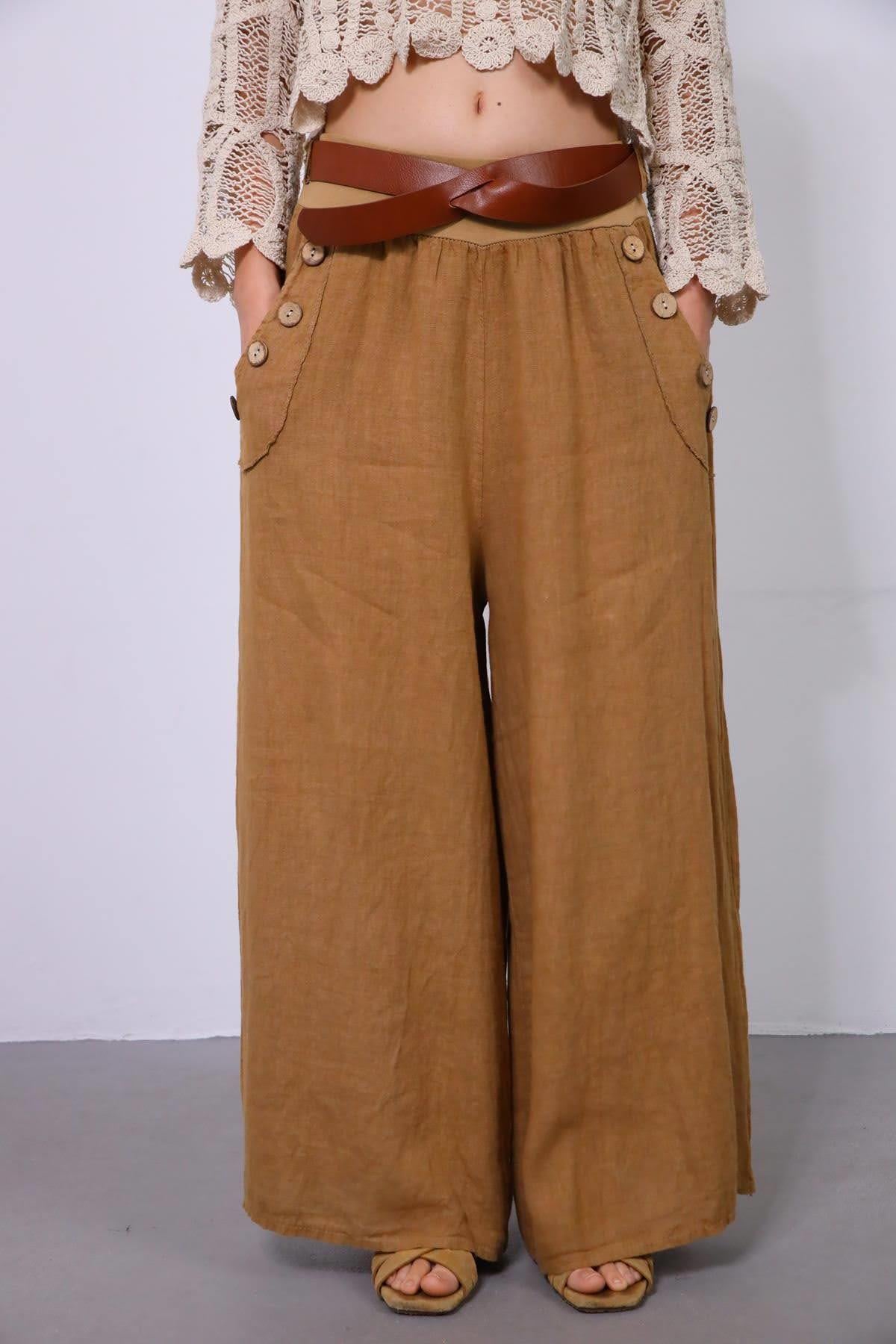 Camel Rengi Düğme Detaylı Bol Paça Keten Pantolon - Şaman Butik Camel Rengi Düğme Detaylı Bol Paça Keten Pantolon