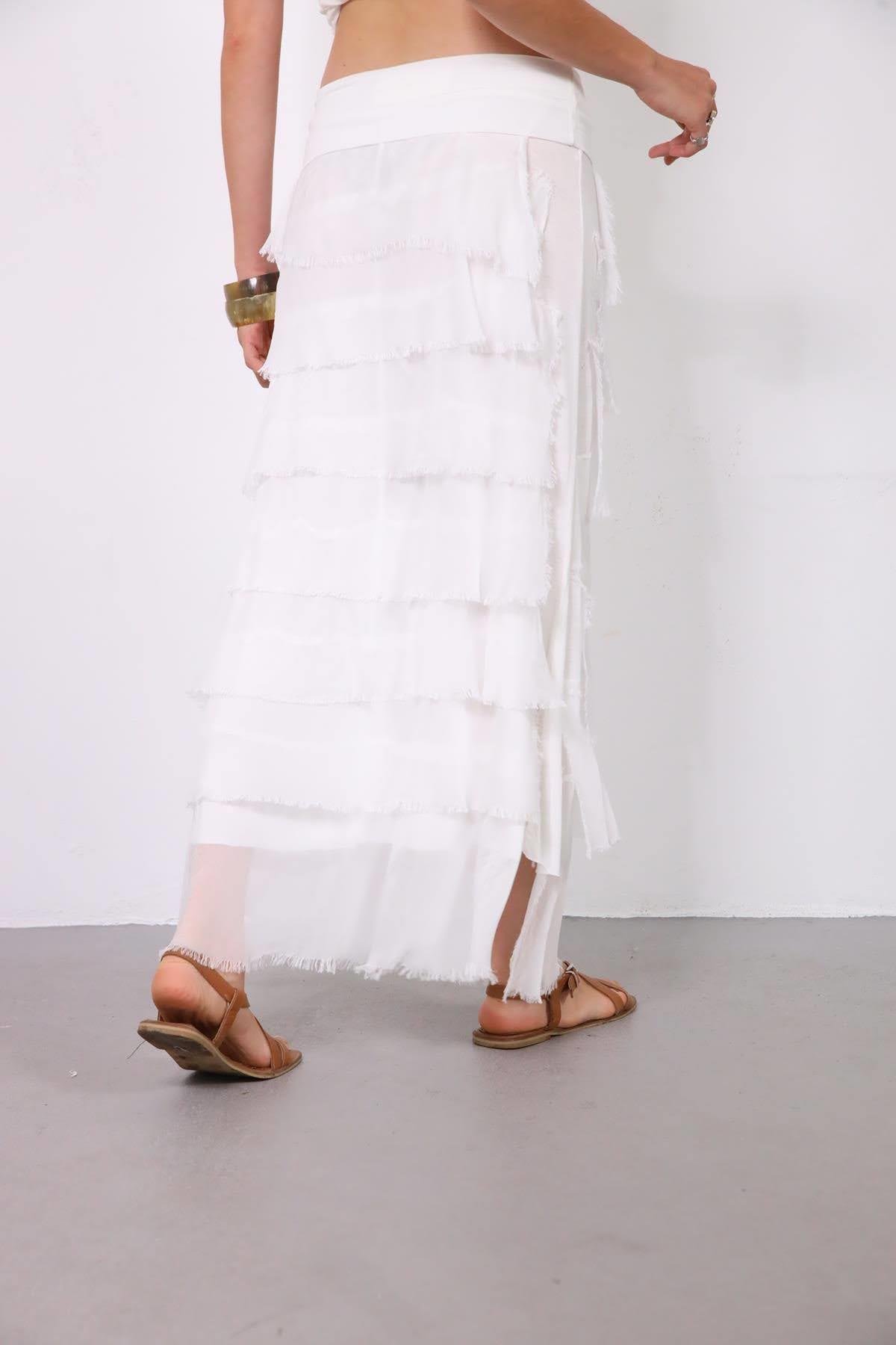 White Multilayered Silk Skirt - Şaman Butik | Boho Fashion White Multilayered Silk Skirt