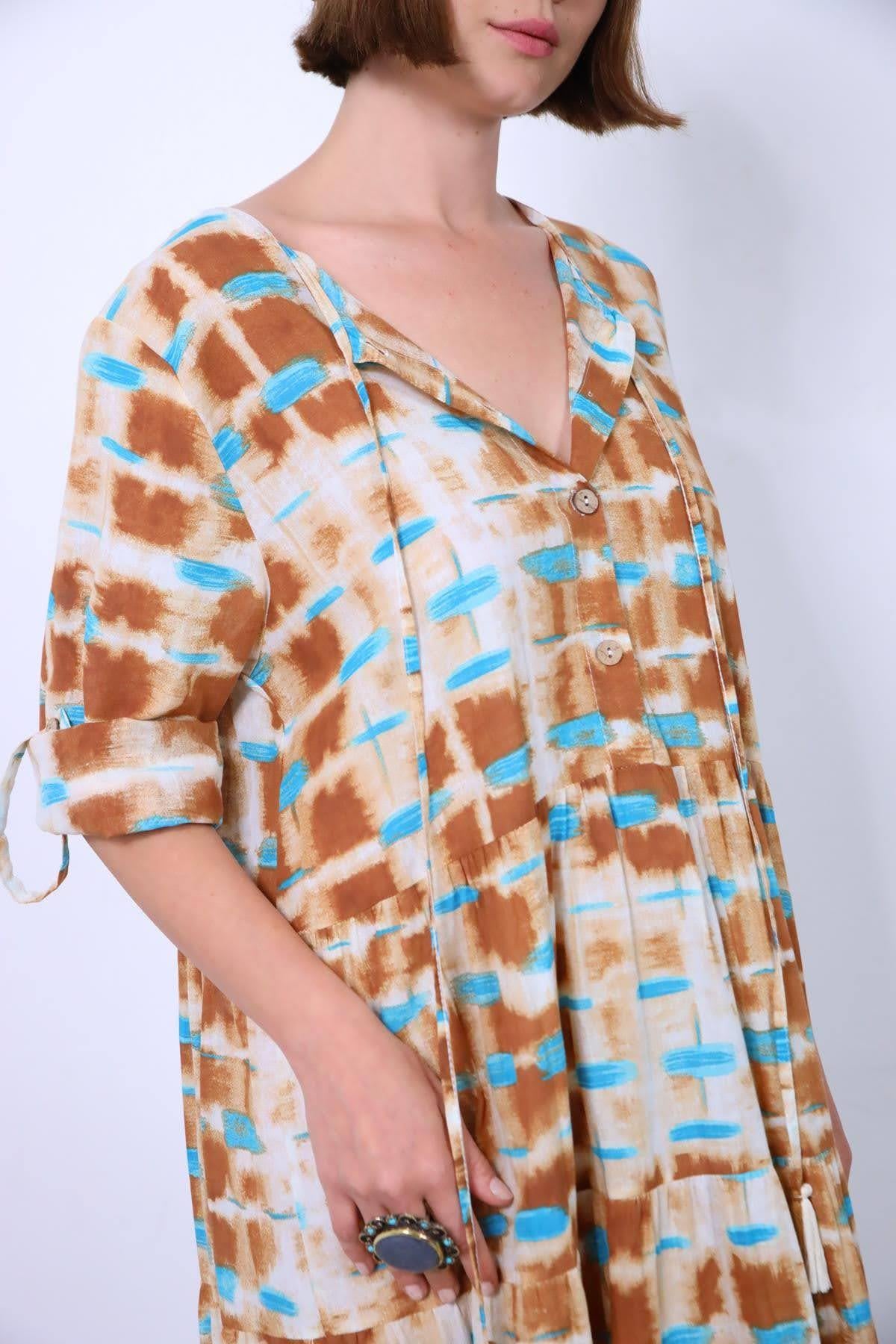 Krem Rengi Desenli Salaş Elbise - Şaman Butik Krem Rengi Desenli Salaş Elbise