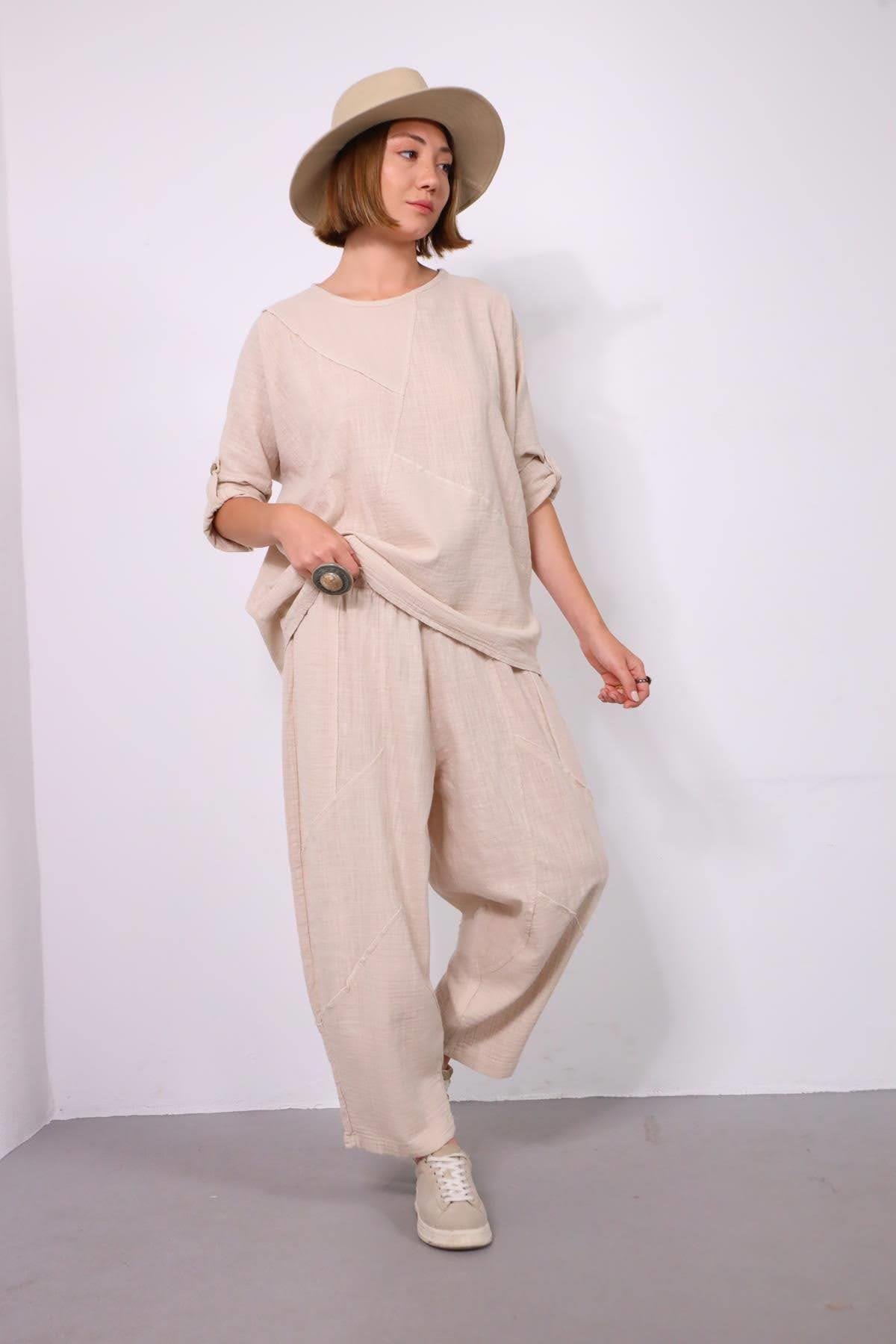  Krem Rengi Müslin Parçalı Dikişli Pantolon ve Bluz Takım