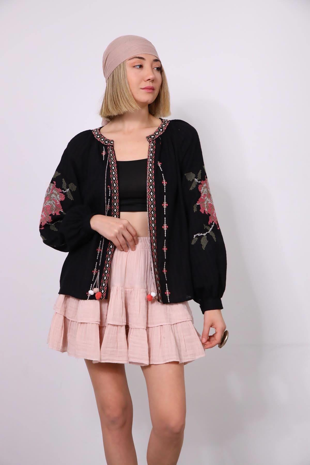 Black Embroidered Jacket with Pompoms - Saman Butik | Shop Online Black Embroidered Jacket with Pompoms