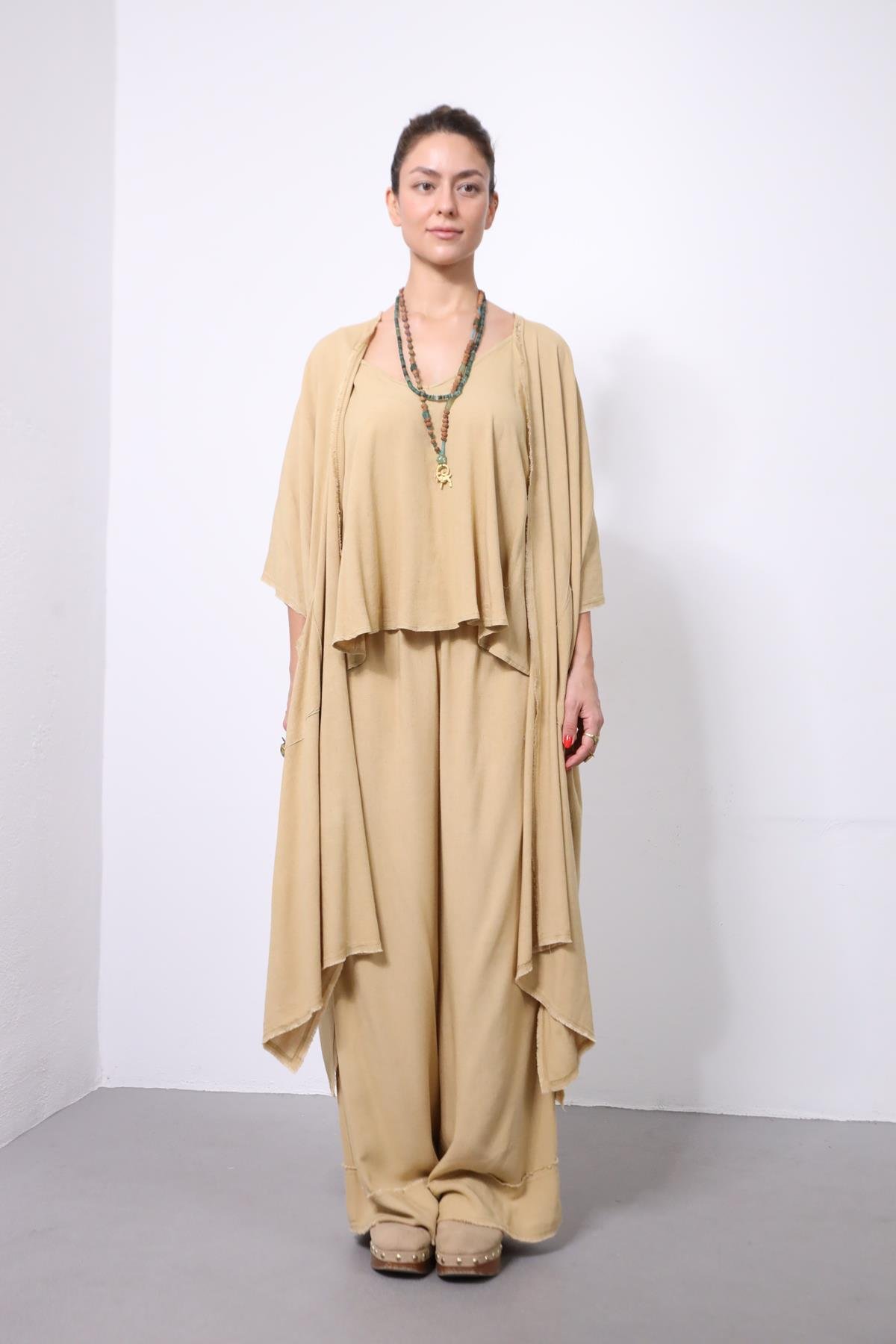  Camel Rengi Püsküllü Salaş Kısa Kollu Kaftan