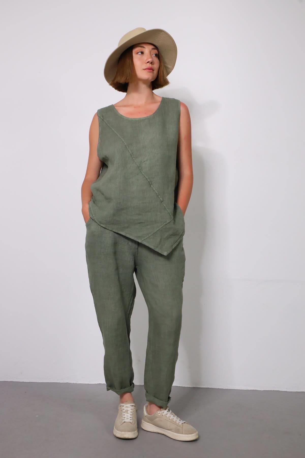 Haki Dikişli Sıfır Kol Bluz ve Pantolon Keten Takım - Şaman Butik Haki Dikişli Sıfır Kol Bluz ve Pantolon Keten Takım
