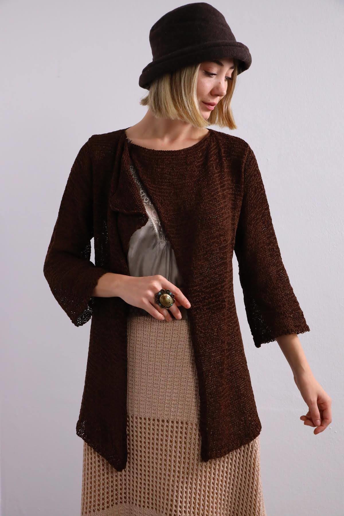  Kahverengi Kanca Detaylı Merserize Hırka