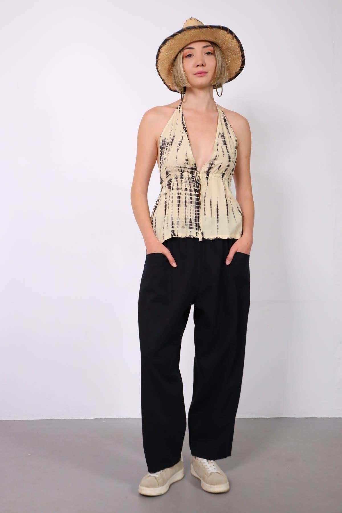 Siyah Beli Lastikli Çift Cepli Gabardin Pantolon - Şaman Butik Siyah Beli Lastikli Çift Cepli Gabardin Pantolon