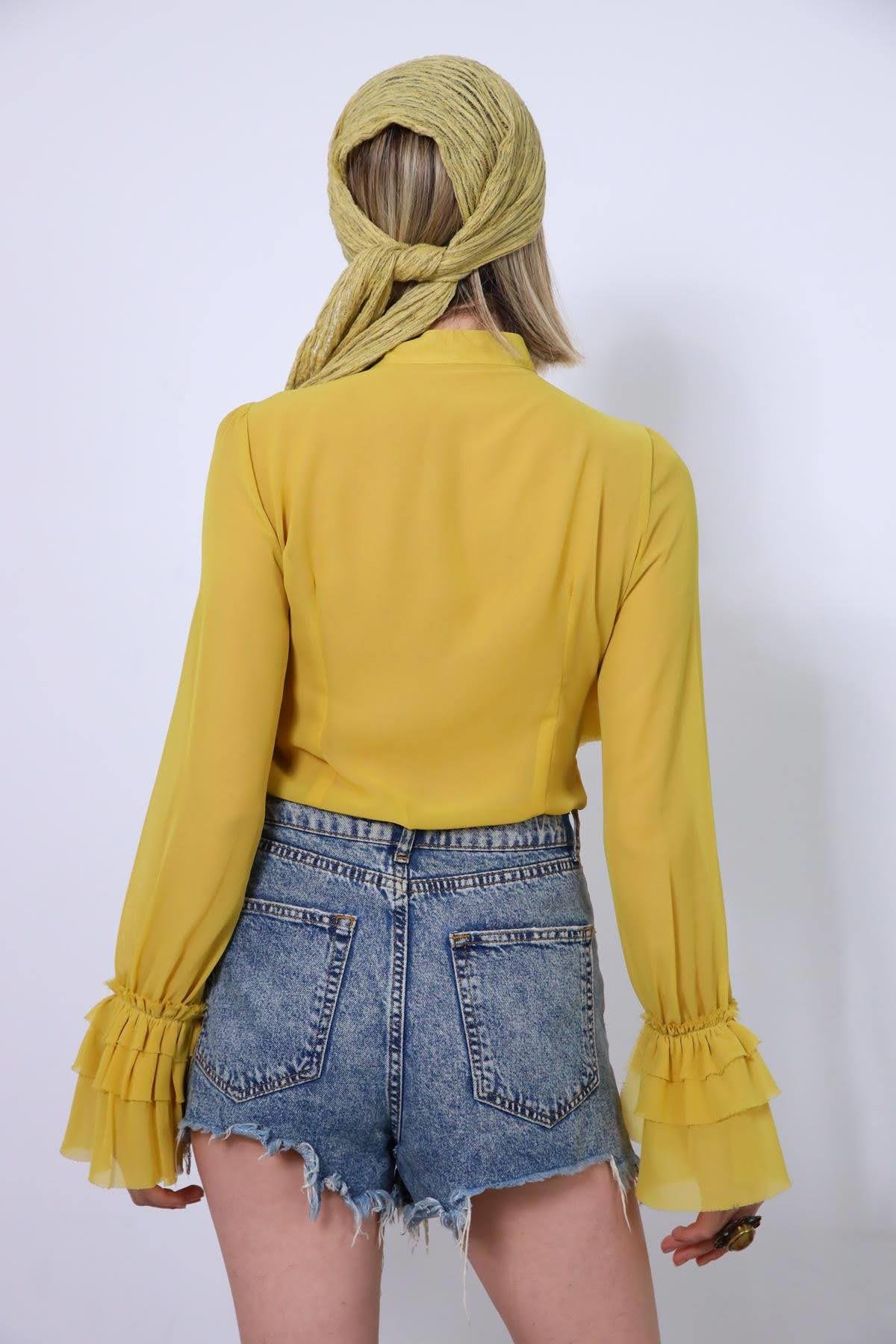 Navy Blue Floral Stitched Waist Shirt Dress - Şaman Butik Yellow Tie Collar Ruffle Trim Chiffon Blouse