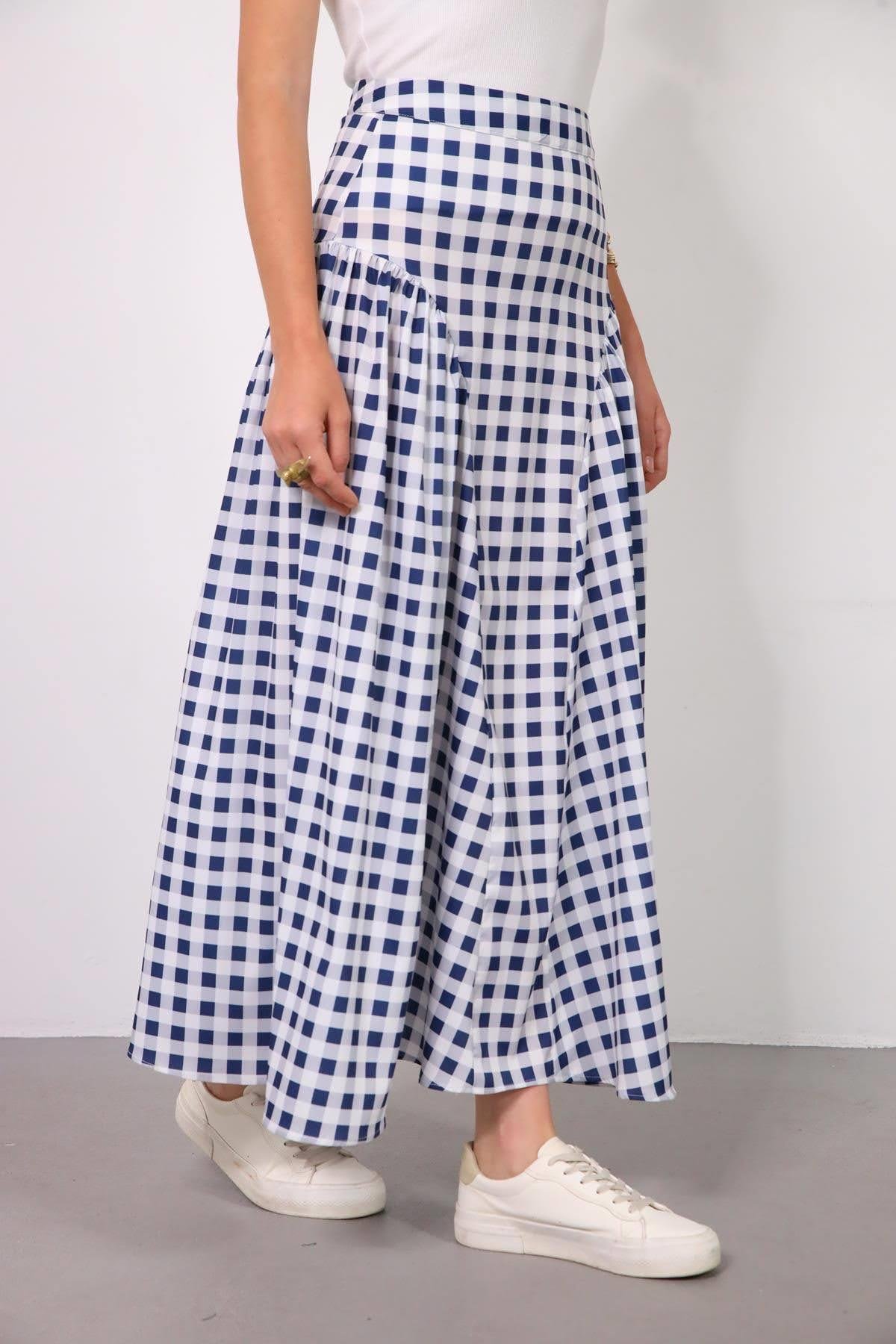  Lacivert Büzgülü Ekose Etek