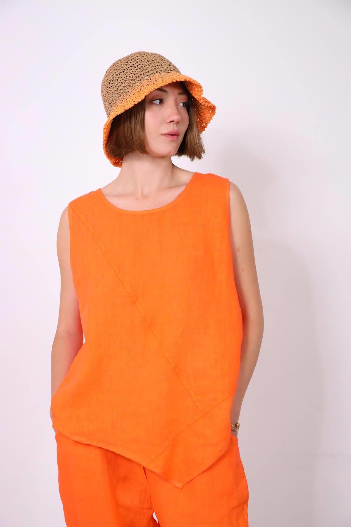  Turuncu Dikişli Sıfır Kol Bluz ve Pantolon Keten Takım