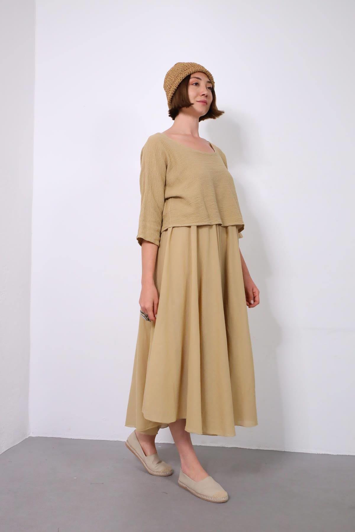 Sütlü Kahve Askılı Bluz Detaylı Elbise - Şaman Butik Sütlü Kahve Askılı Bluz Detaylı Elbise