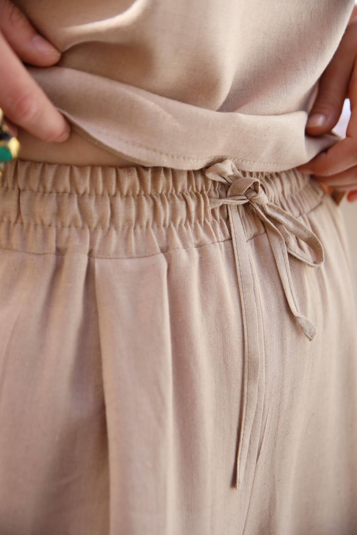  Camel Rengi Kalın Askılı Bluz ve Pantolon Keten Takım