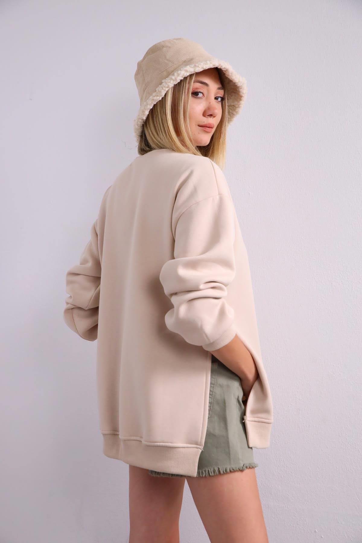  Taş Rengi Yanları Yırtmaçlı Sweatshirt