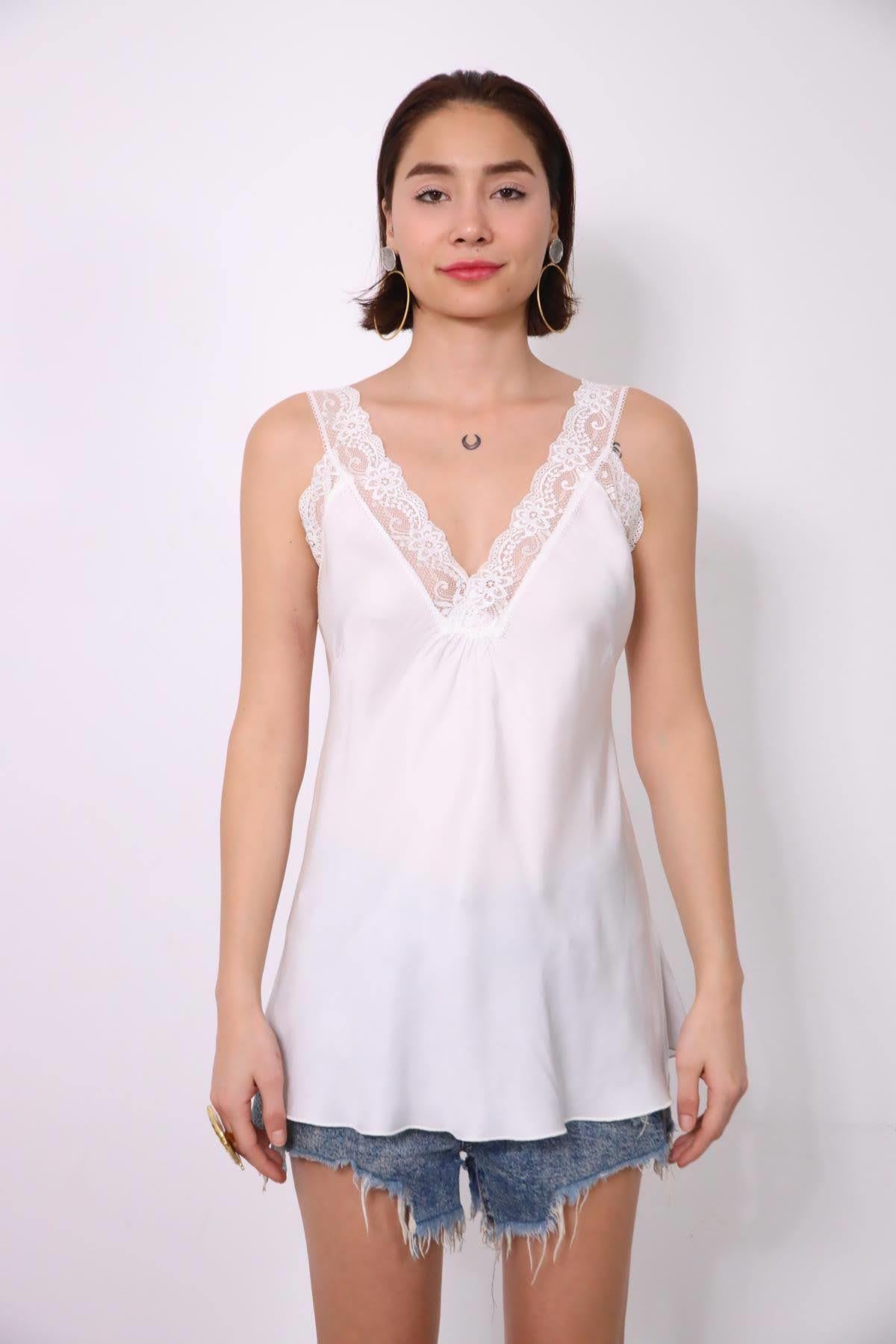 White Lace Embroidered Silk Tank Top - Şaman Butik | Boho Fashion White Lace Embroidered Silk Tank Top