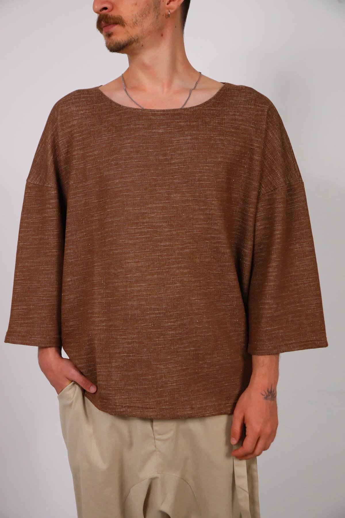  Kahverengi Geniş Yaka Truvakar Kol Erkek Sweatshirt