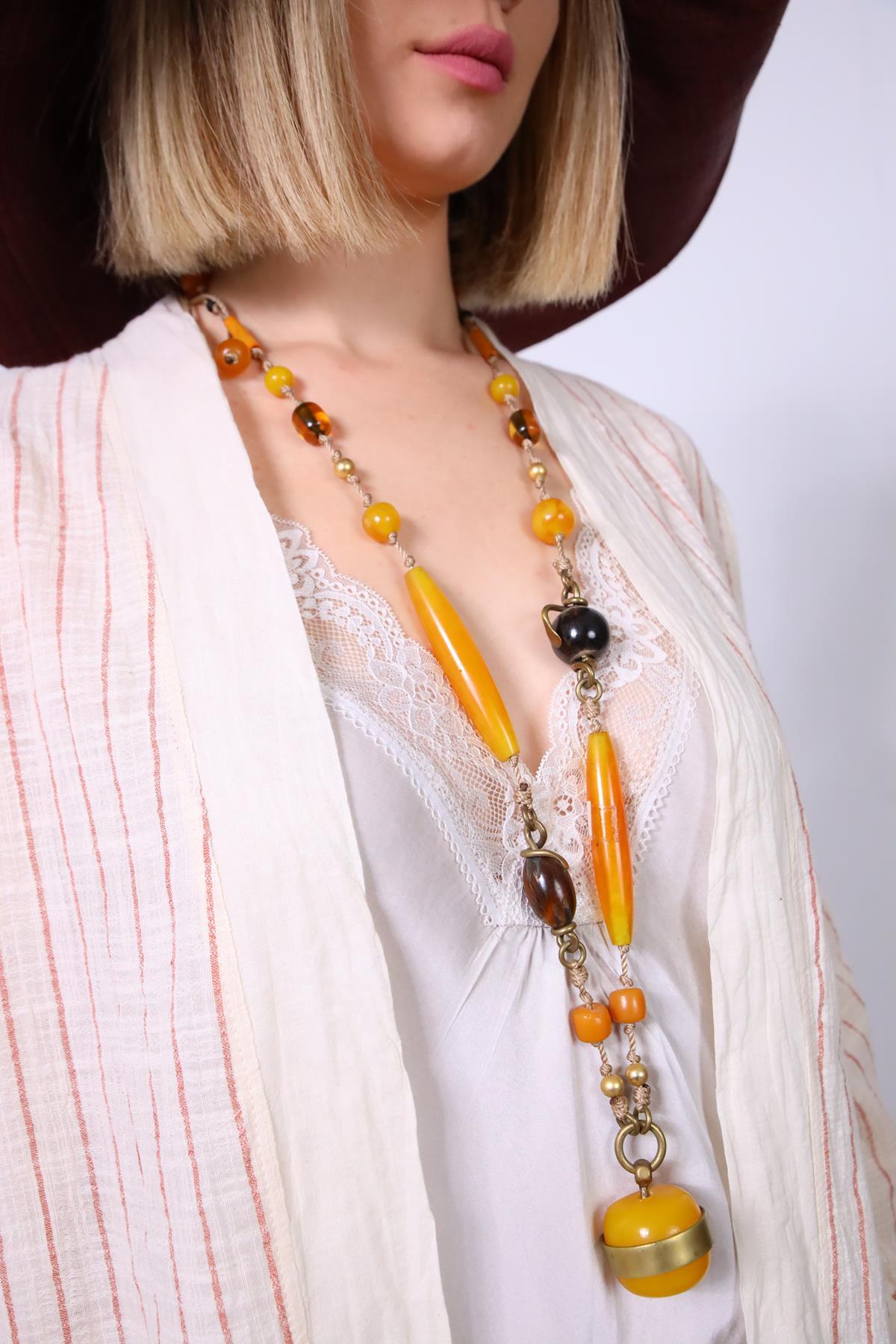 El Yapımı Ayarlanabilir Turuncu Cam Kolye - Şaman Butik El Yapımı Ayarlanabilir Turuncu Cam Kolye