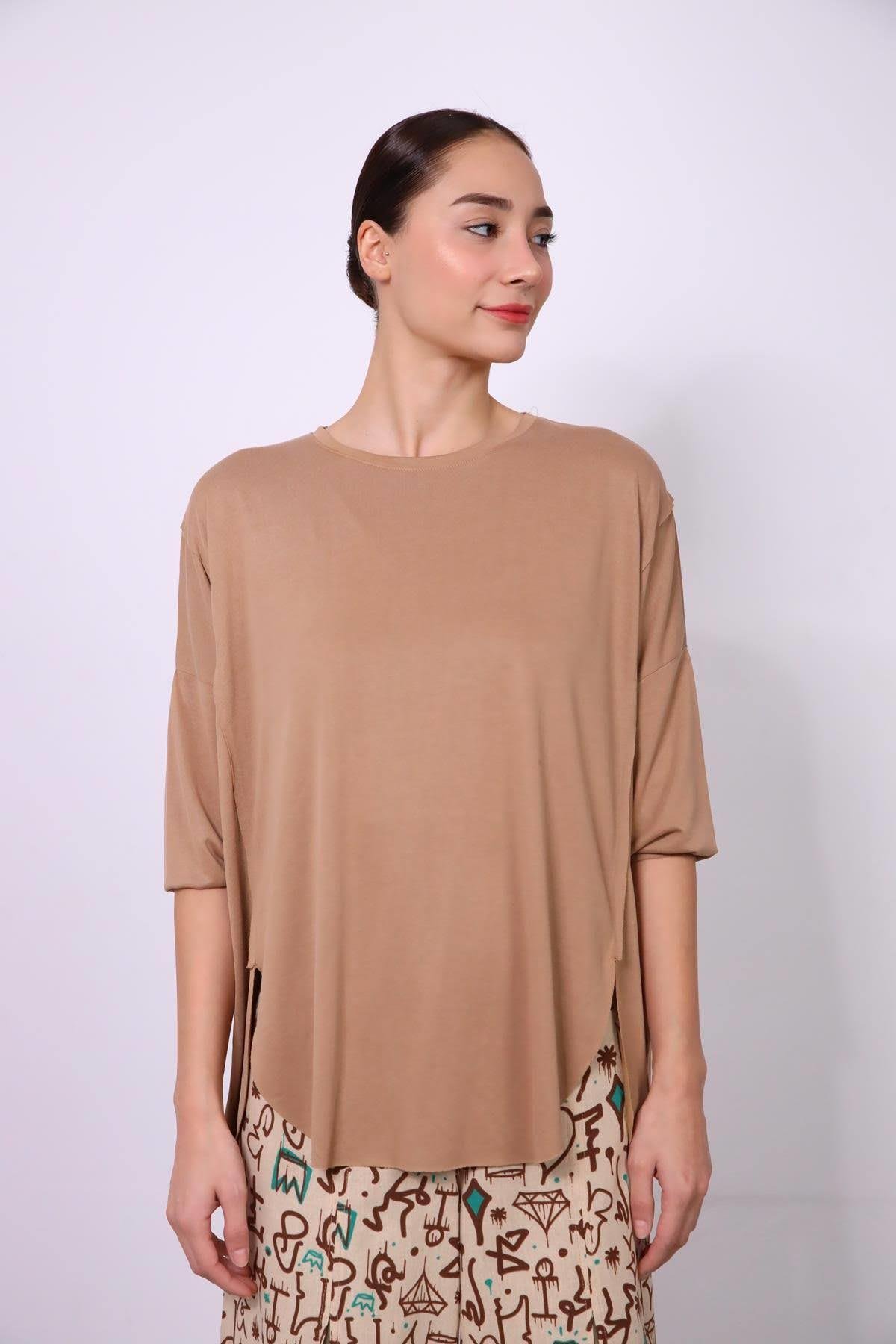 Camel Rengi Dikişli Salaş Bluz - Şaman Butik Camel Rengi Dikişli Salaş Bluz
