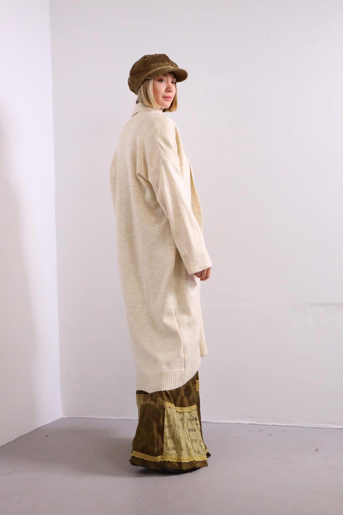  Krem Rengi Şal Yaka Uzun Hırka