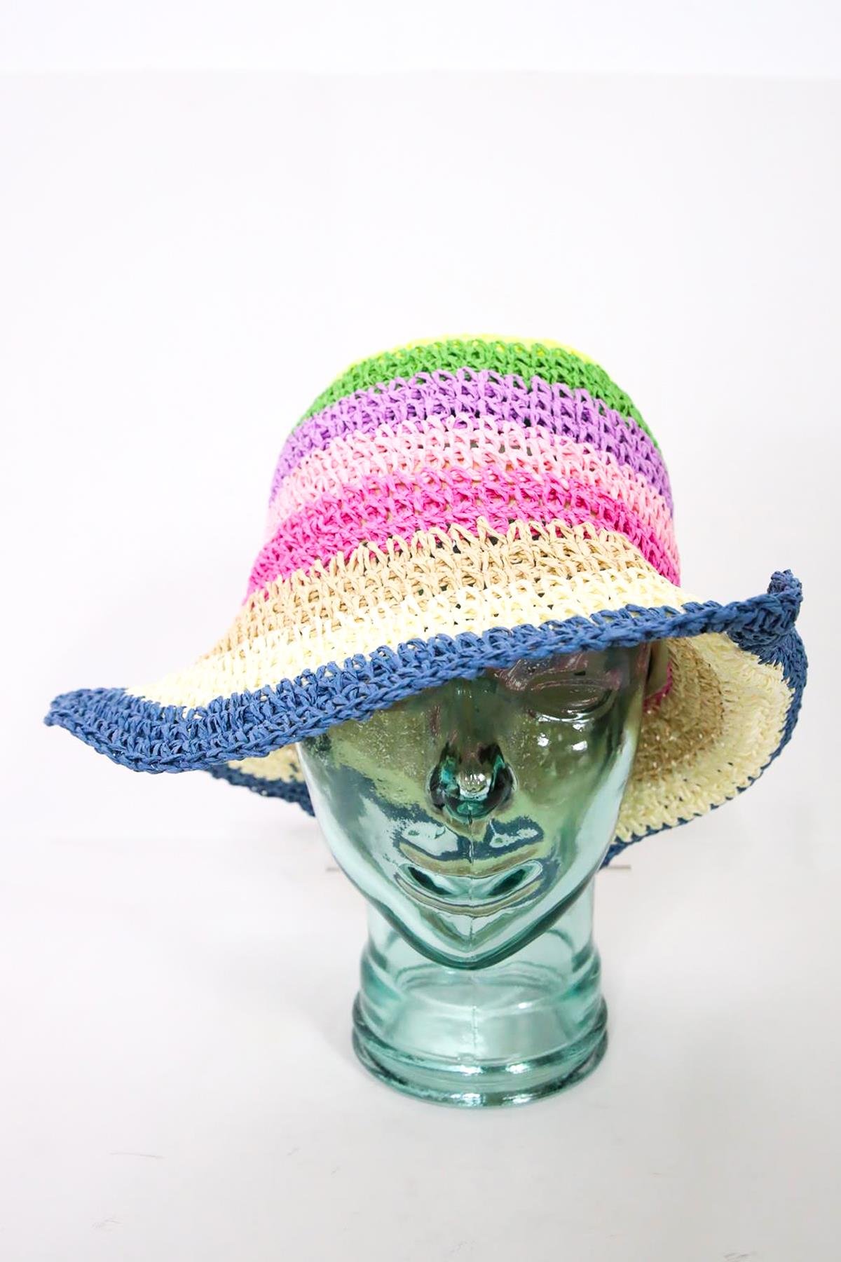  Ekru Lacivert Hasır El Örgüsü Bucket Şapka