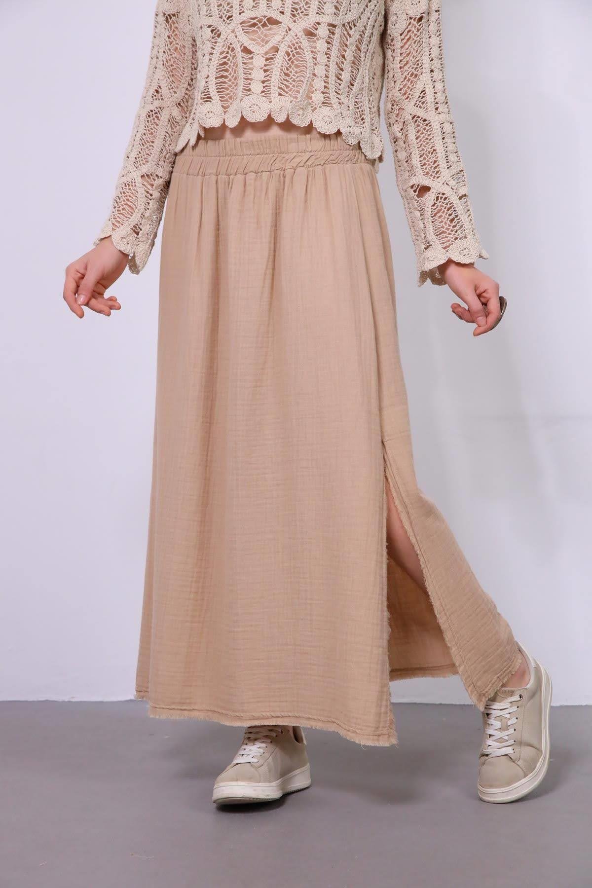  Camel Rengi Yırtmaçlı Müslin Etek