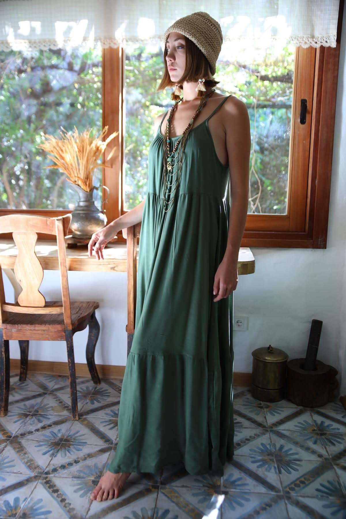 Haki Ayarlanabilir Askılı Maxi Elbise - Şaman Butik Haki Ayarlanabilir Askılı Maxi Elbise