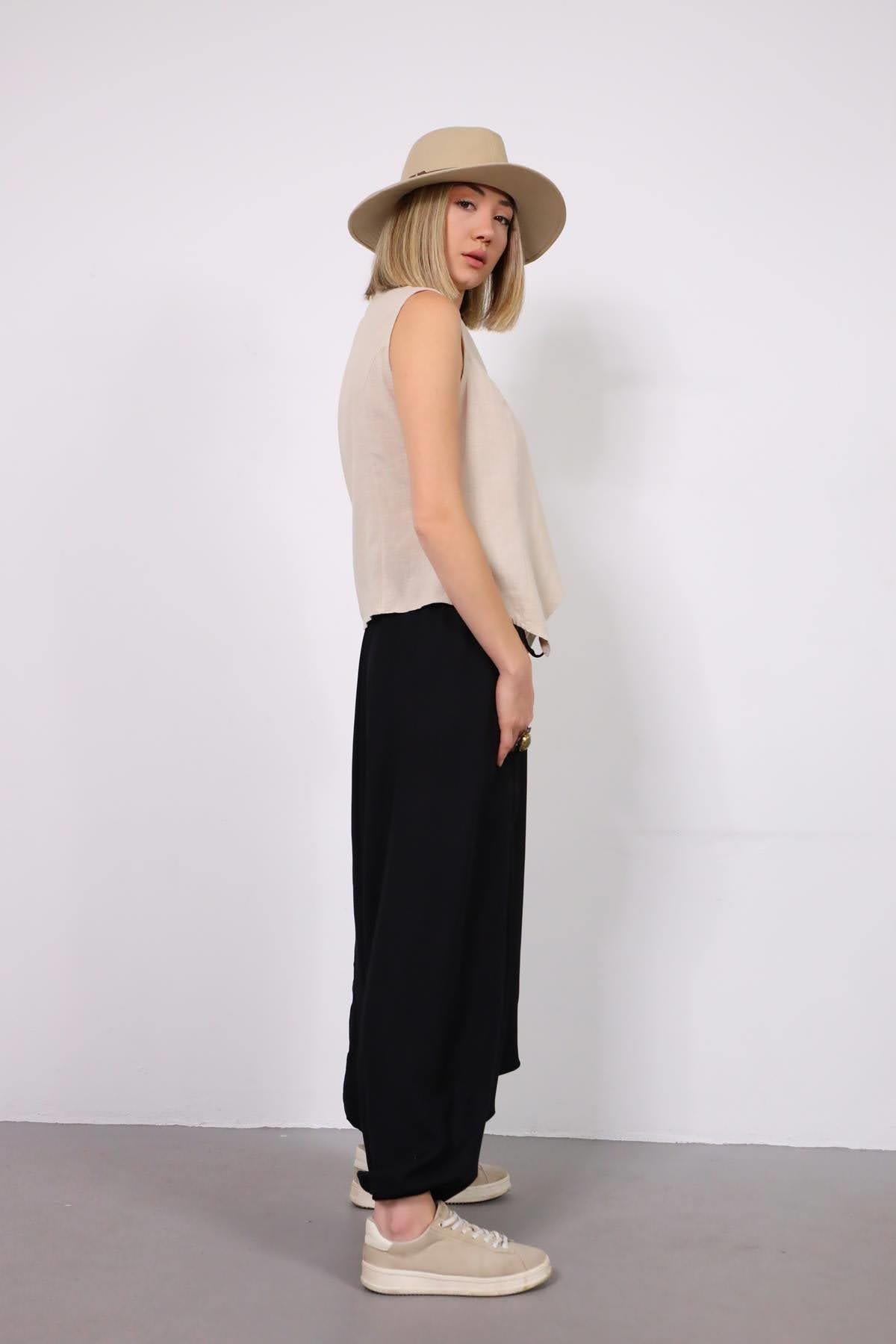  Siyah Beli Lastikli Etnik Şalvar