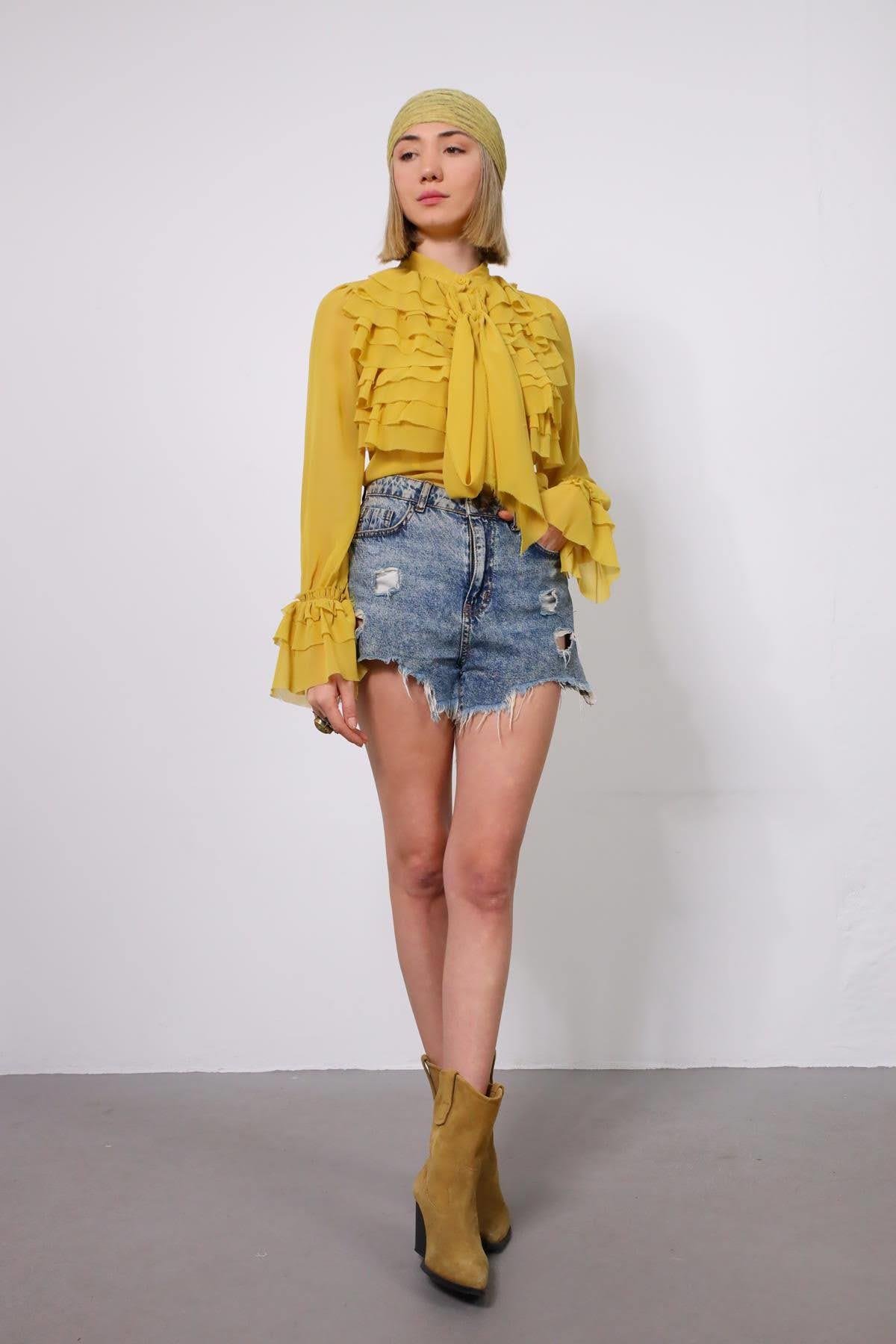 Navy Blue Floral Stitched Waist Shirt Dress - Şaman Butik Yellow Tie Collar Ruffle Trim Chiffon Blouse