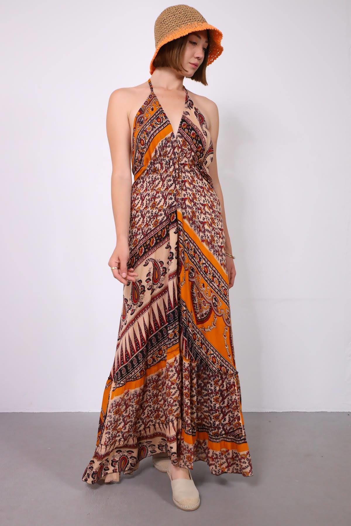 Turuncu Sırt Dekolteli Desenli Askılı Elbise - Şaman Butik Turuncu Sırt Dekolteli Desenli Askılı Elbise