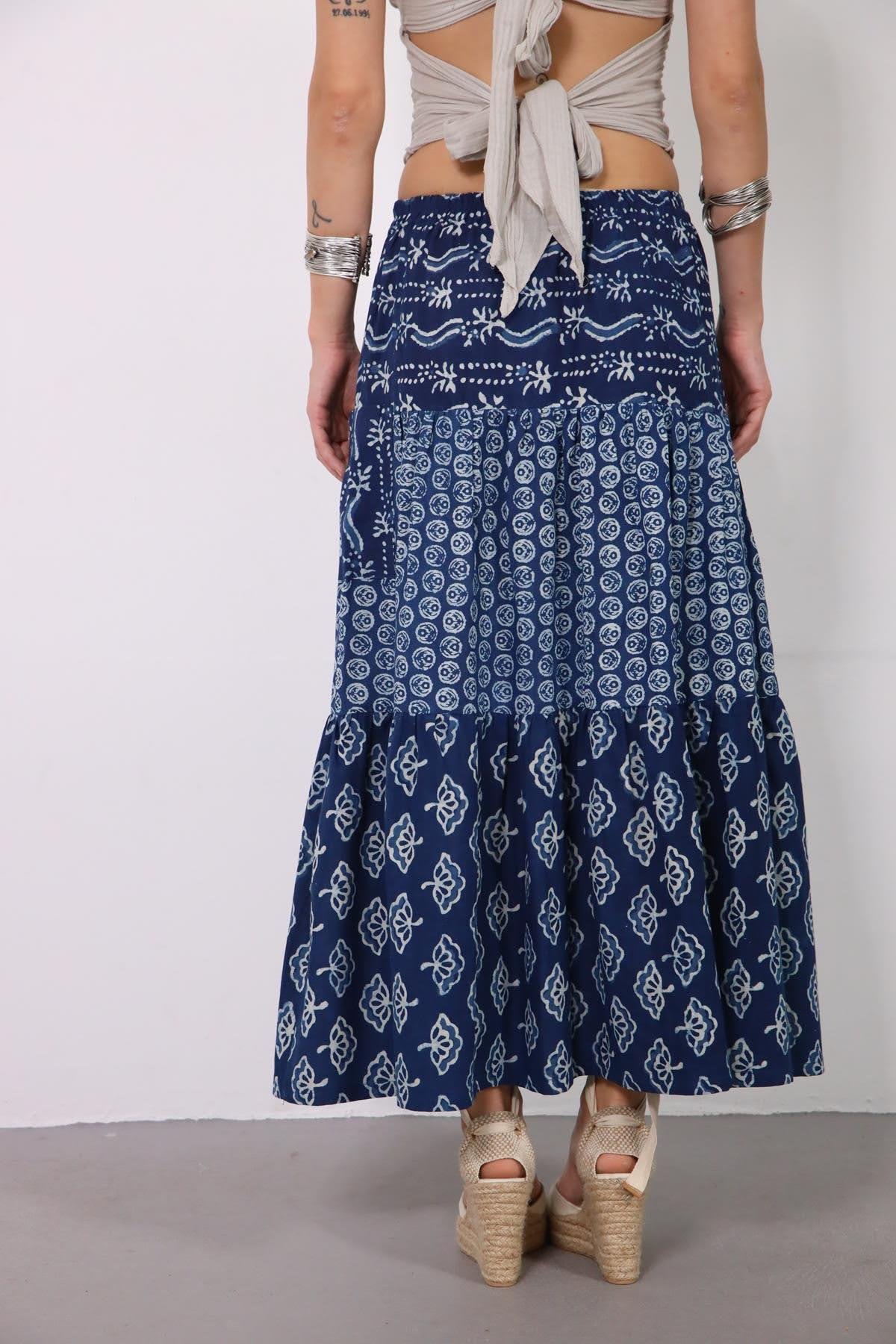 Mavi Cepli Otantik Parçalı Etek - Şaman Butik Mavi Cepli Otantik Parçalı Etek