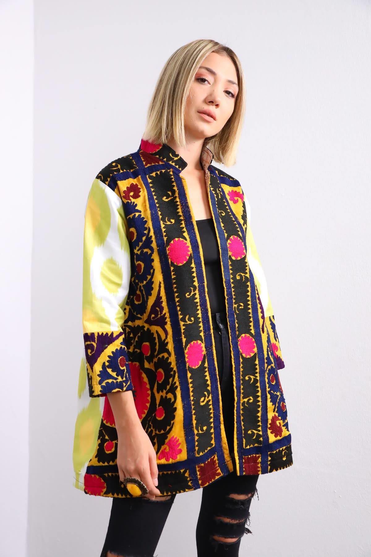 Fıstık Yeşili Suzani Kısa Kaftan - Şaman Butik Fıstık Yeşili Suzani Kısa Kaftan