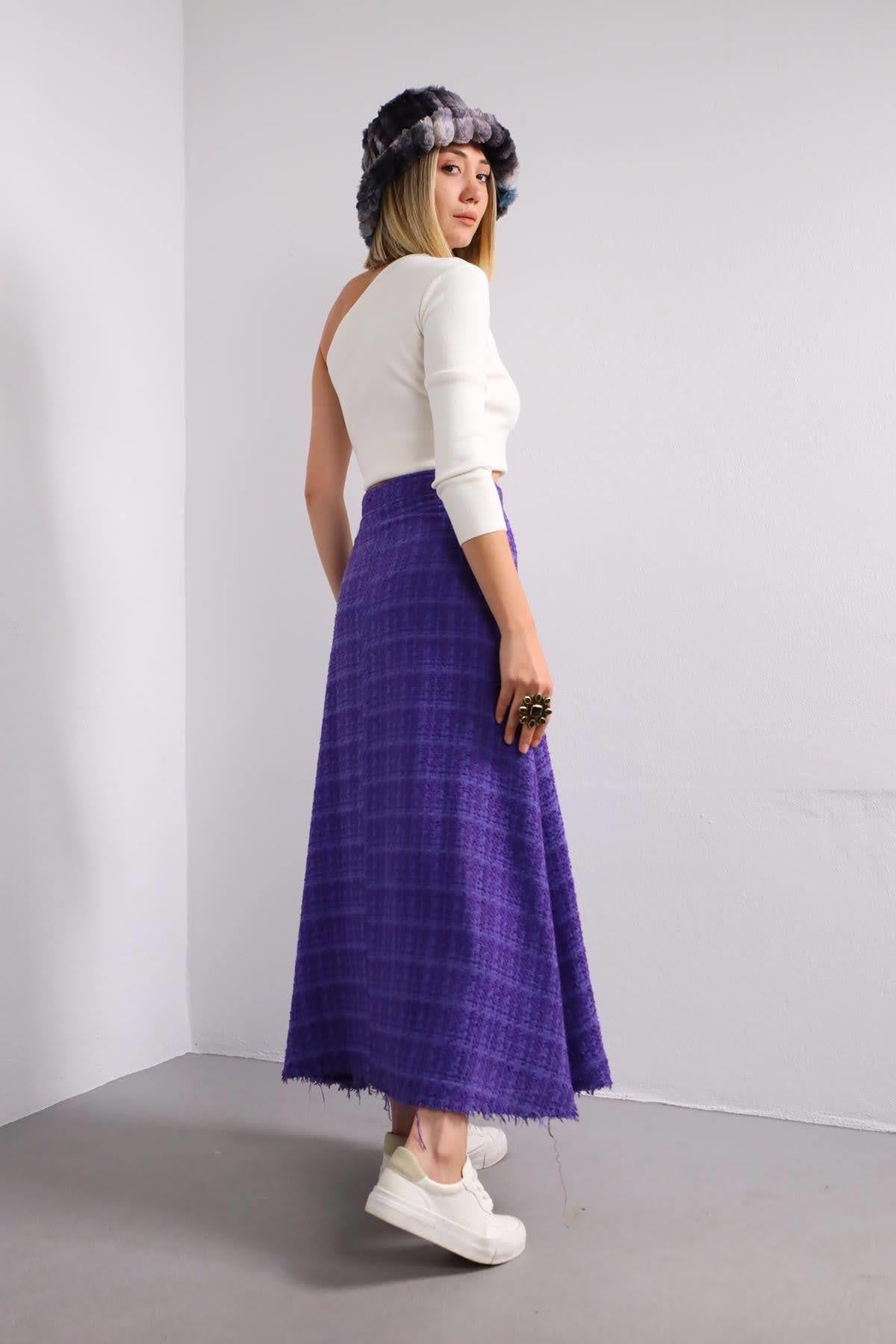 Mor Altı Püsküllü Kendinden Desenli Etek - Şaman Butik Mor Altı Püsküllü Kendinden Desenli Etek