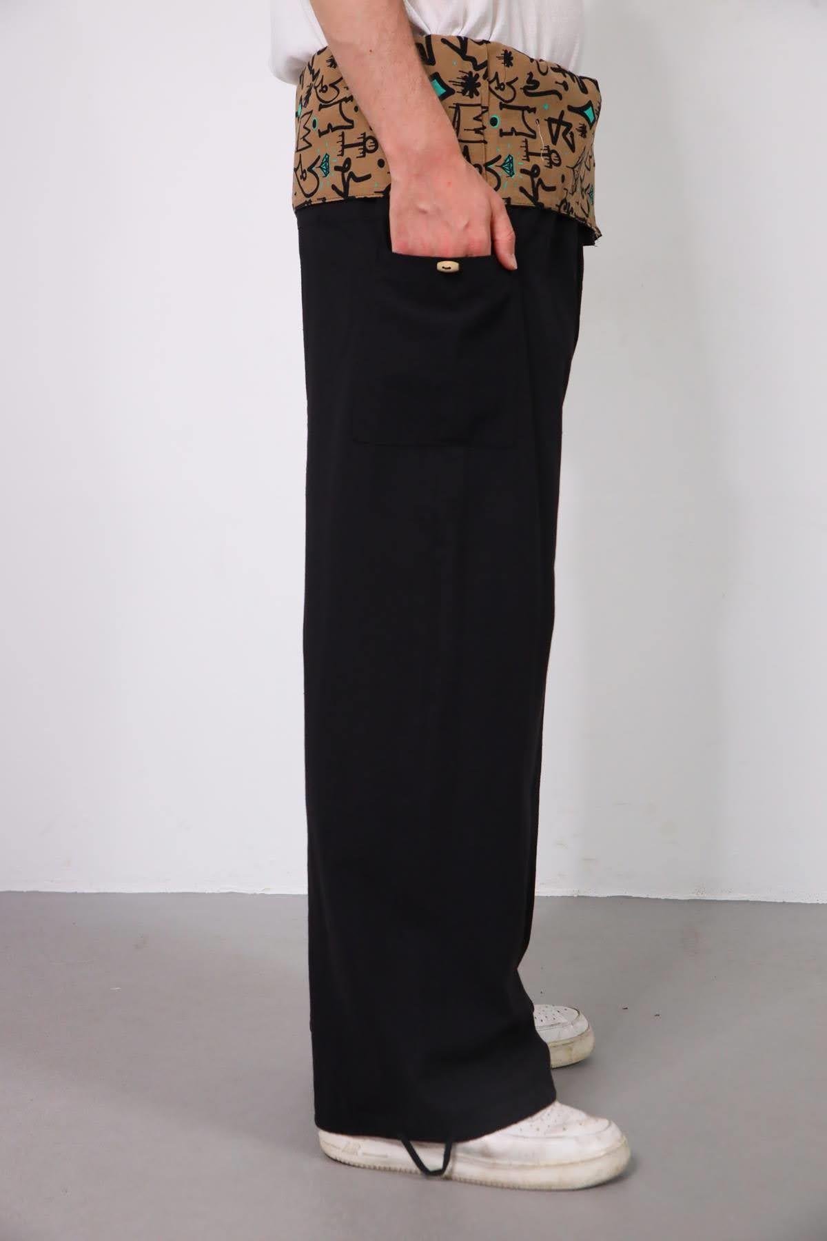  Siyah Beli Desenli Balıkçı Pantolon