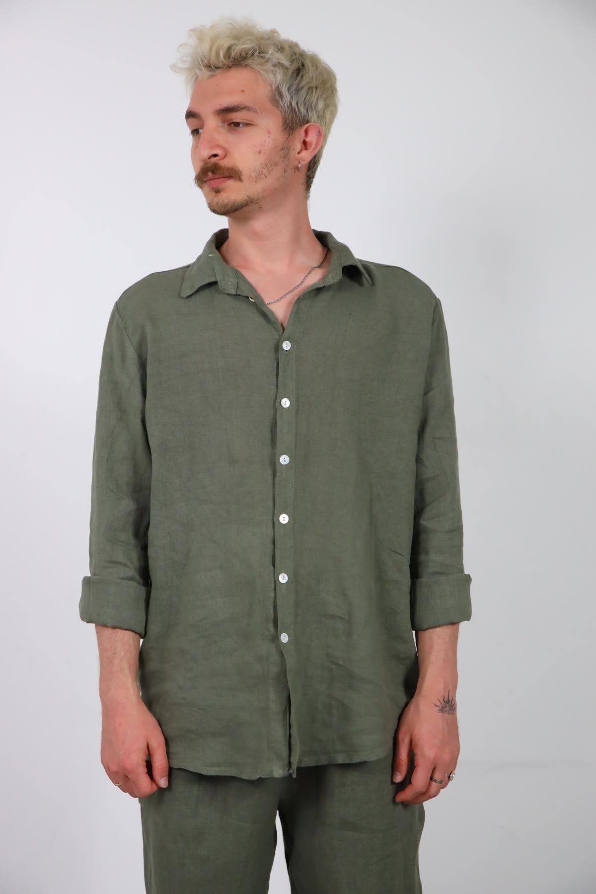 Haki Keten Erkek Pantolon ve Gömlek Takım - Şaman Butik Haki Keten Erkek Pantolon ve Gömlek Takım