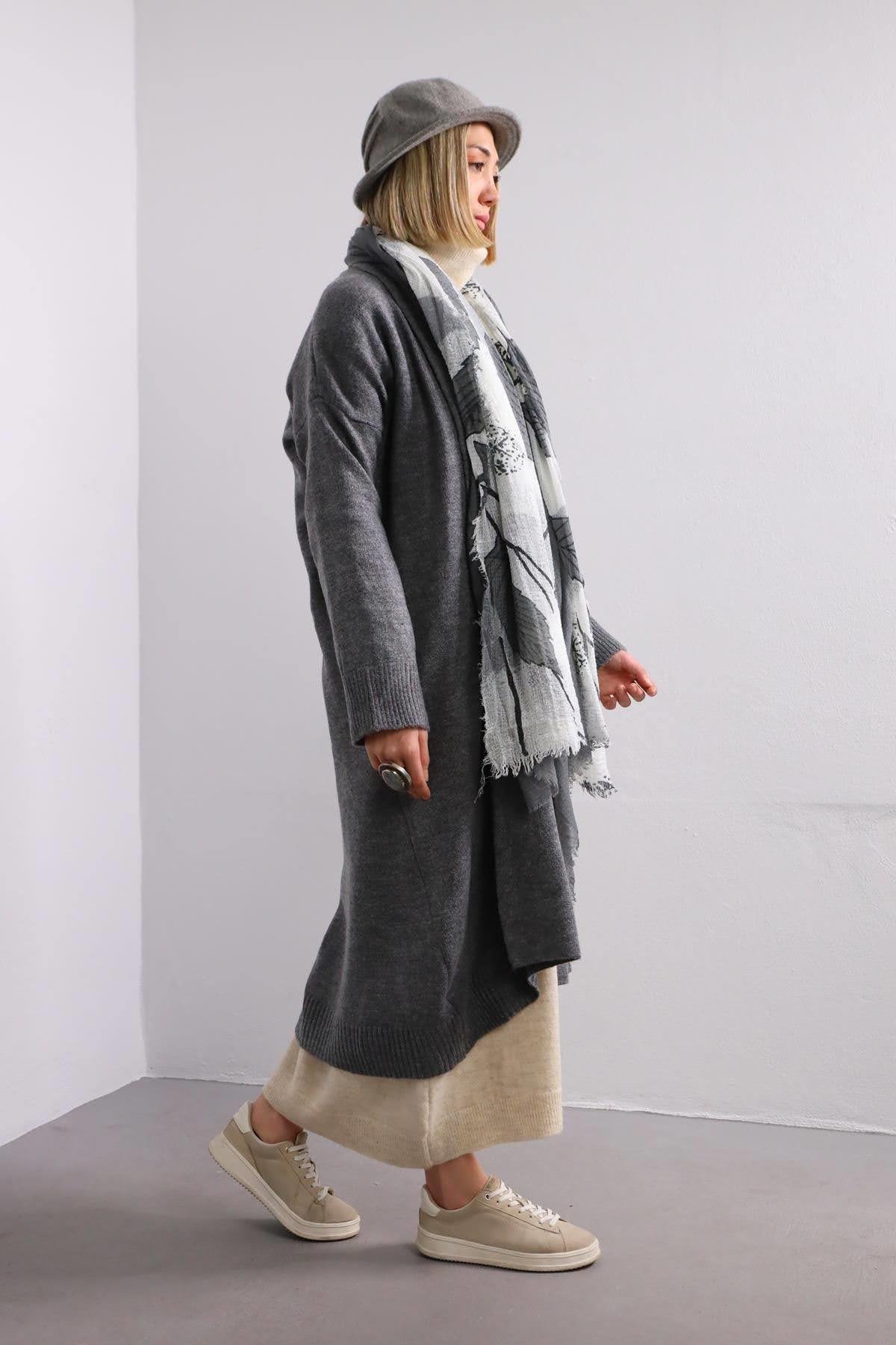 Gri Şal Yaka Uzun Hırka - Şaman Butik Gri Şal Yaka Uzun Hırka