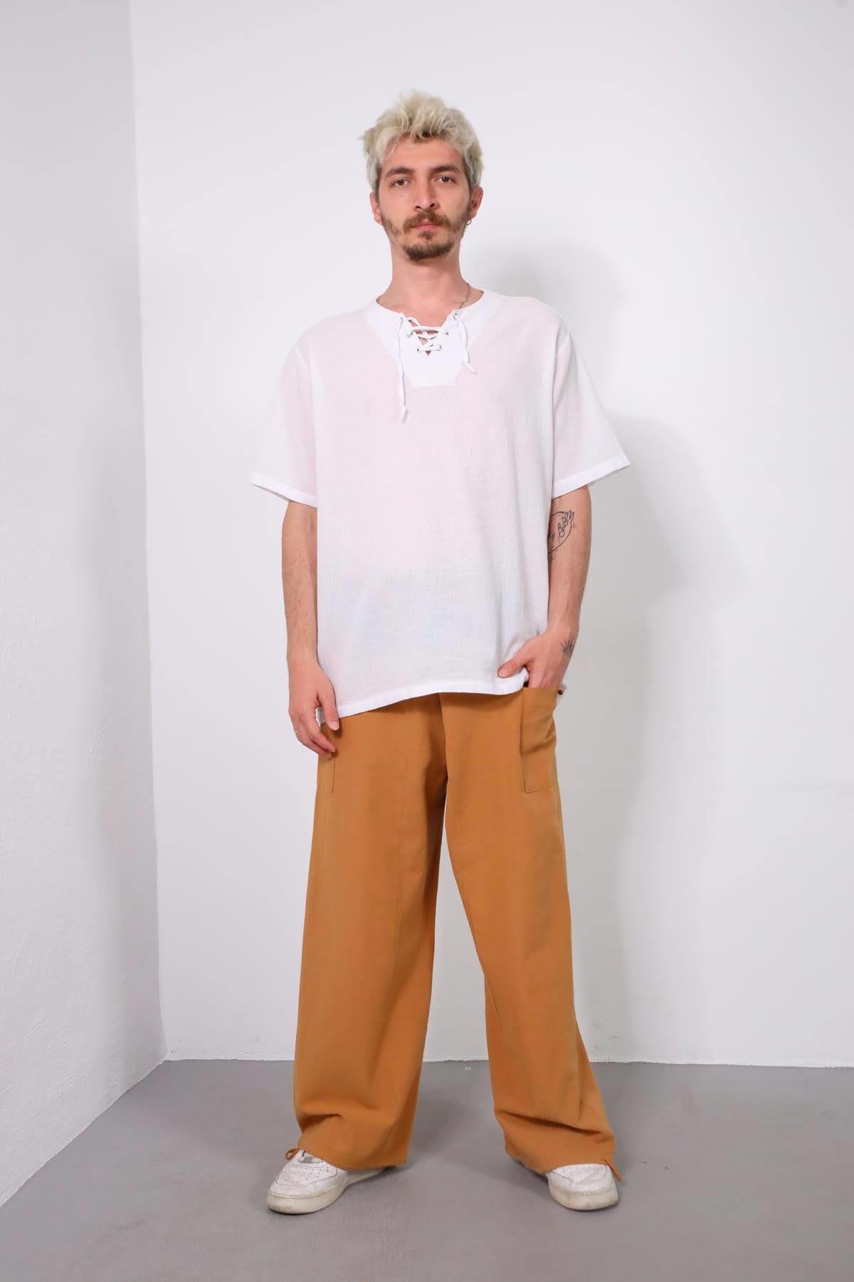  Hardal Rengi Beli Desenli Balıkçı Pantolon