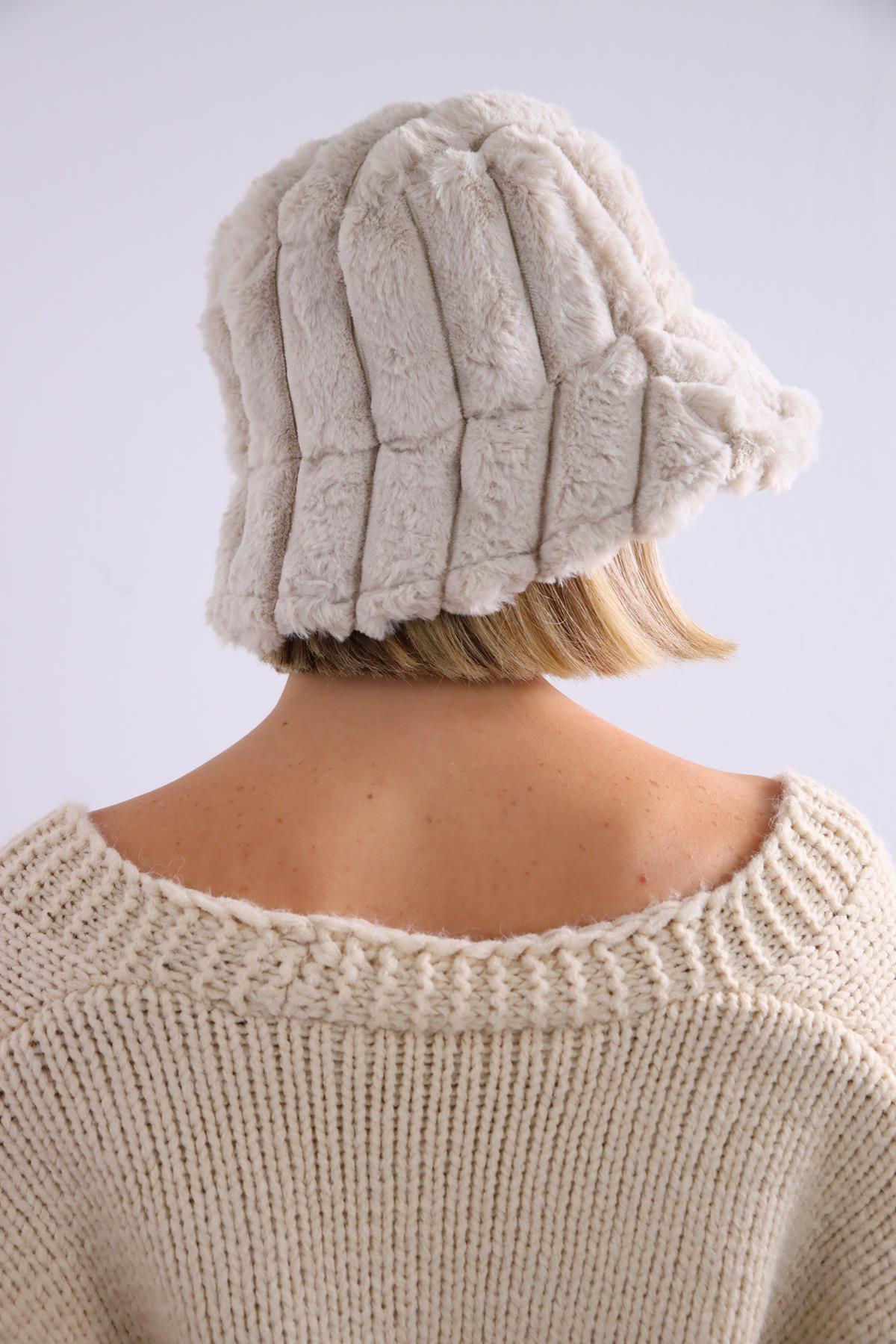  Ekru Peluş Bucket Şapka