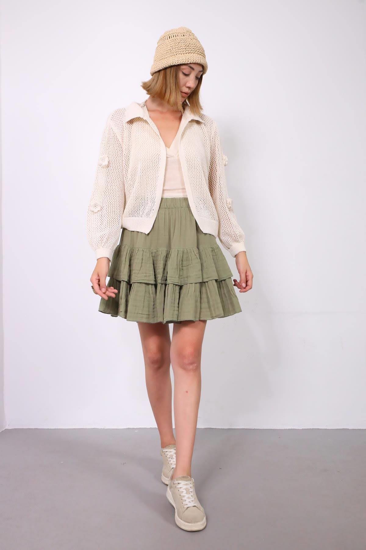  Krem Rengi Kolları Gül Detaylı File Hırka