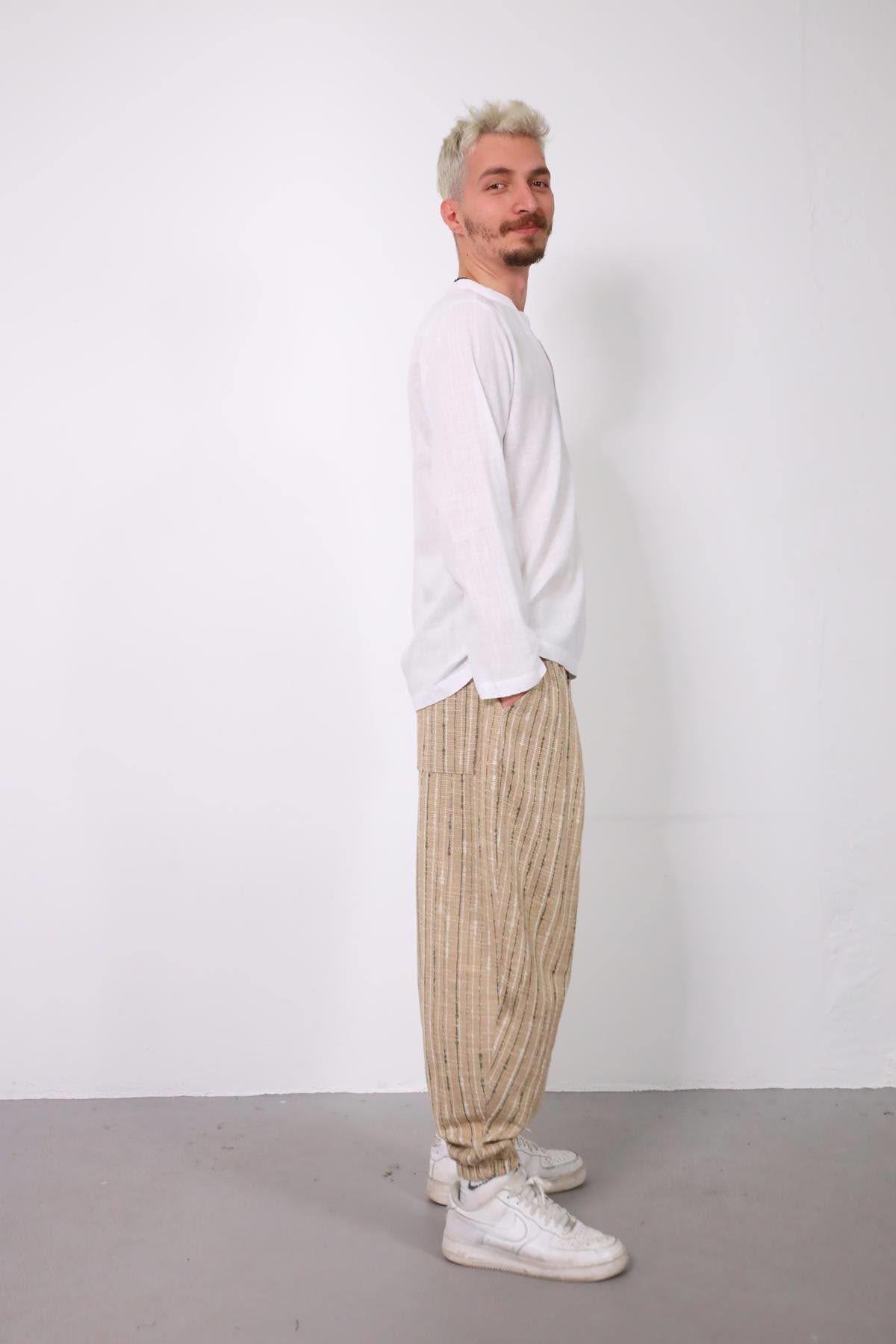  Bej Beli Pileli Paçası Büzgülü Çizgili Erkek Pantolon