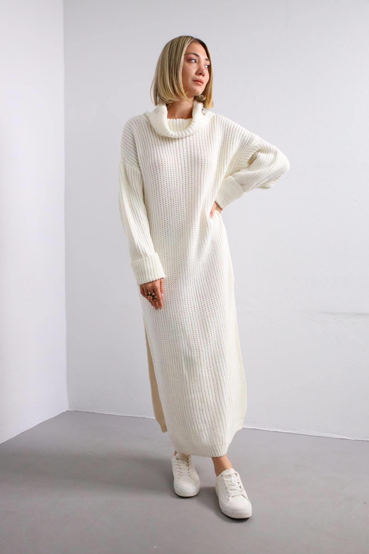 Ecru Turtleneck Long Knit Dress Ecru Turtleneck Long Knit Dress