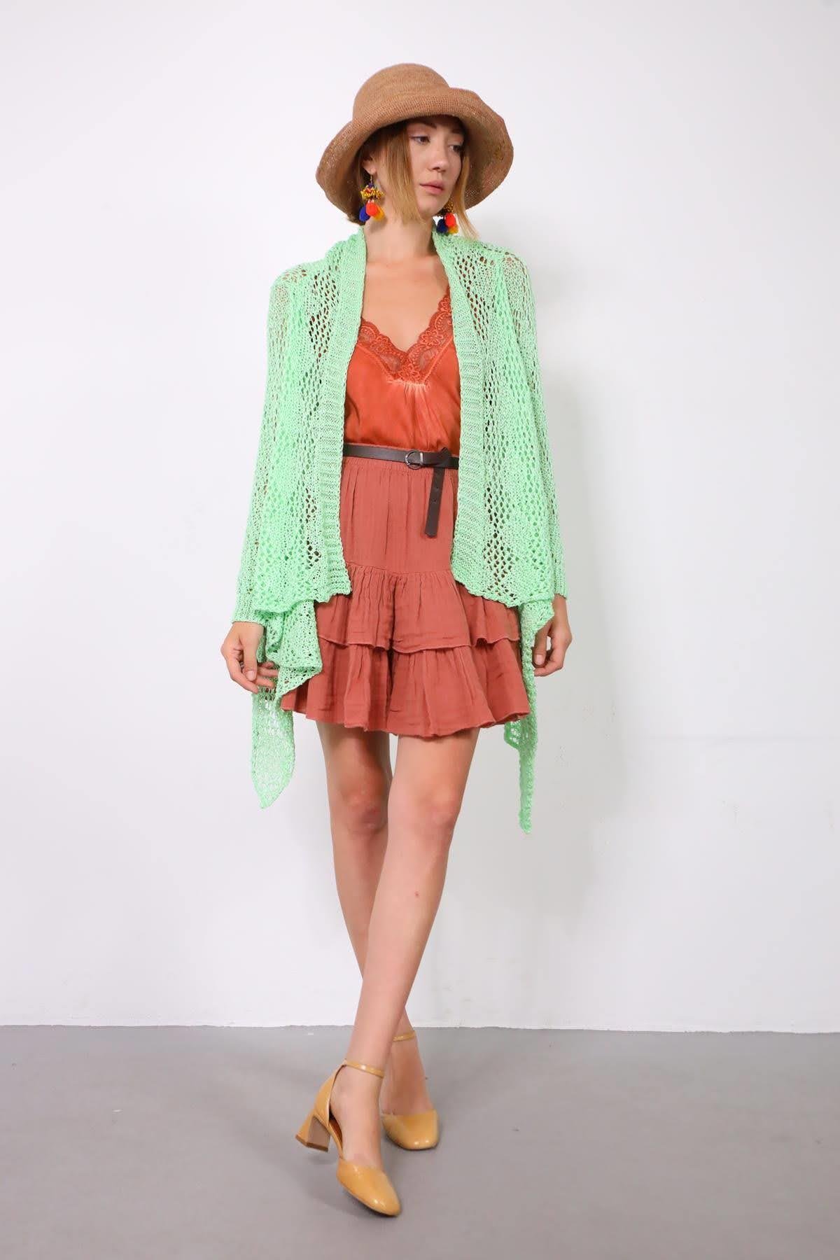  Su Yeşili Şal Yaka File Hırka