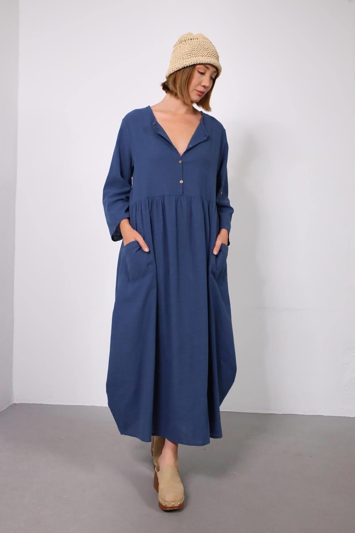 Petrol Mavisi Yakası Düğmeli Çift Cepli Keten Balon Elbise - Şaman Butik Petrol Mavisi Yakası Düğmeli Çift Cepli Keten Balon Elbise