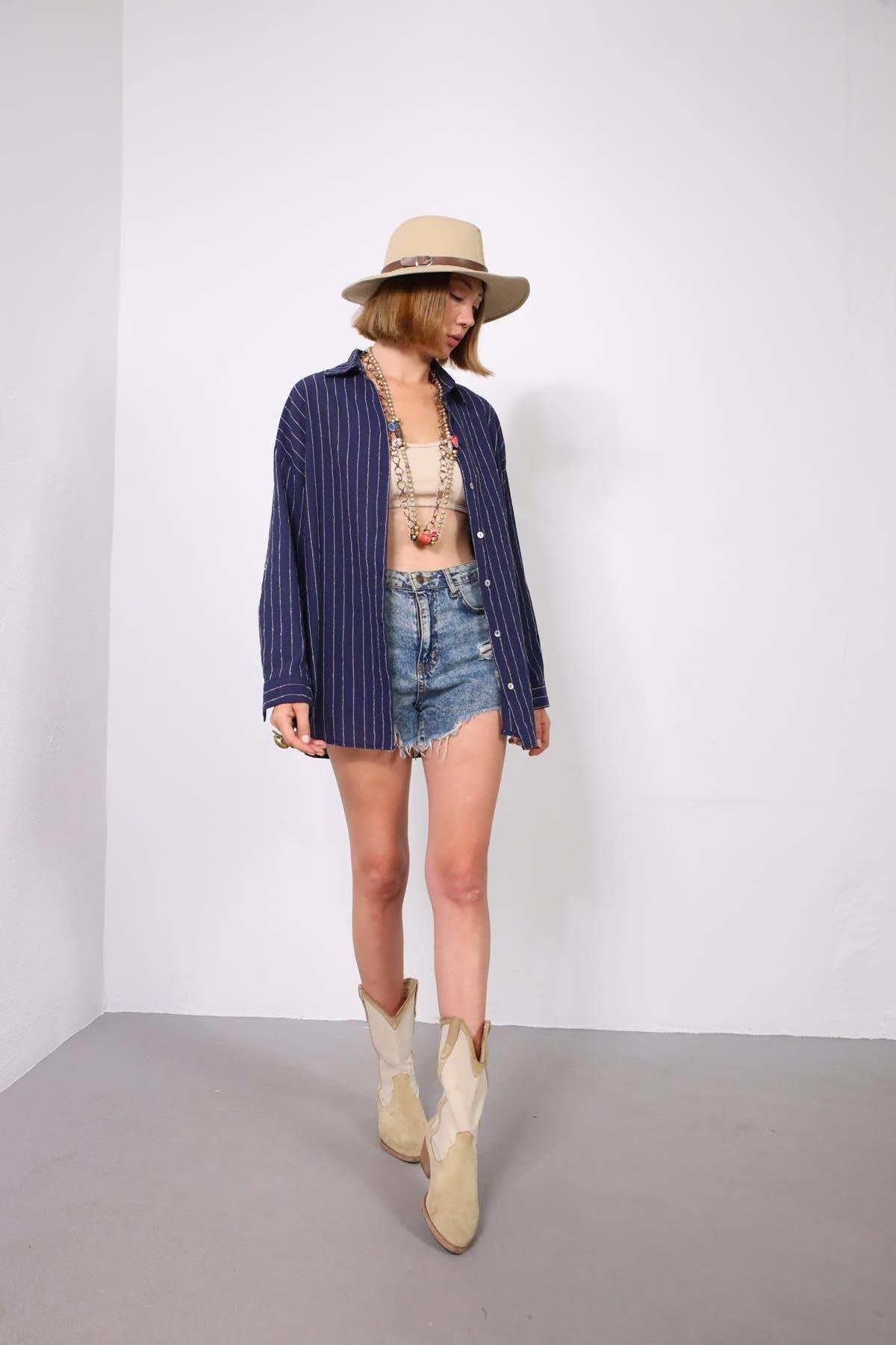  Lacivert Kolları Apoletli Çizgili Keten Gömlek