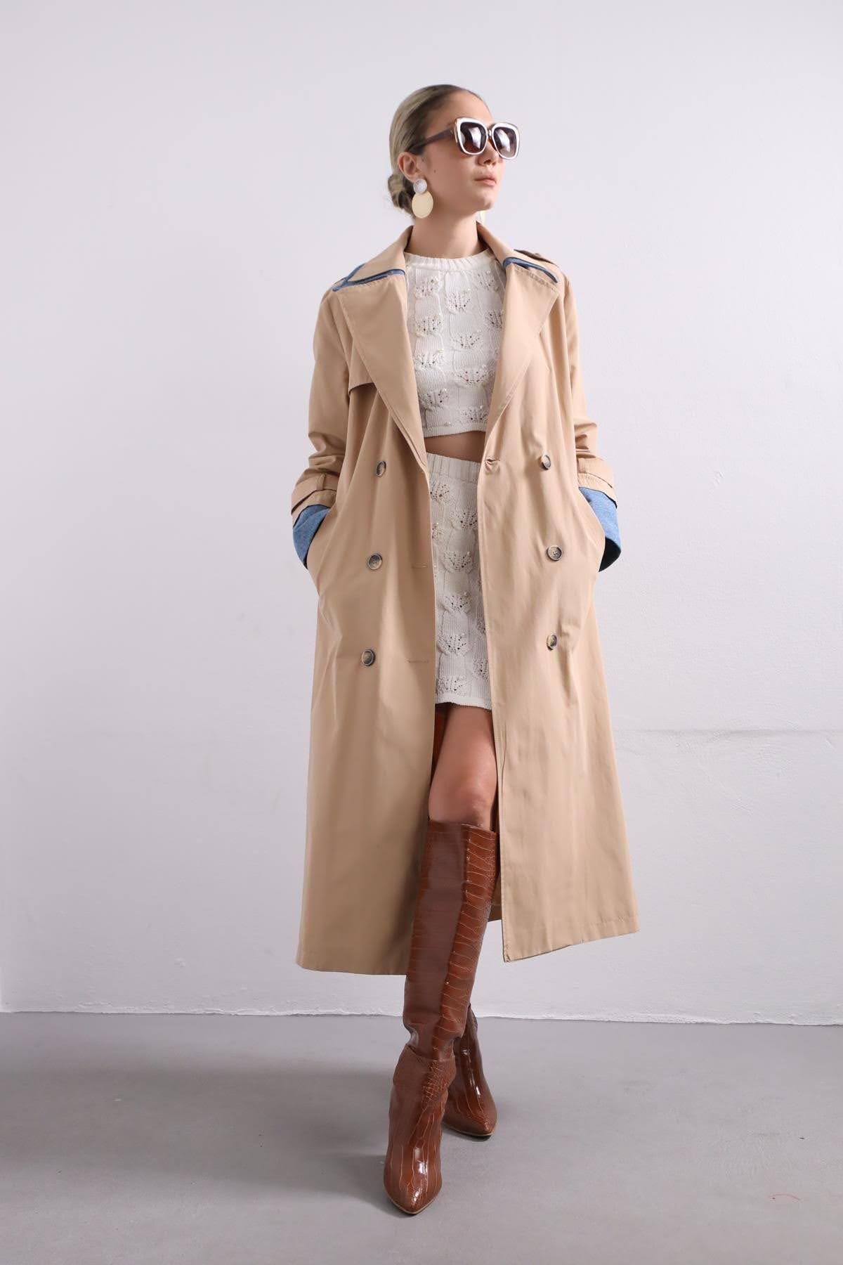  Camel Denim Parça Detaylı Trençkot