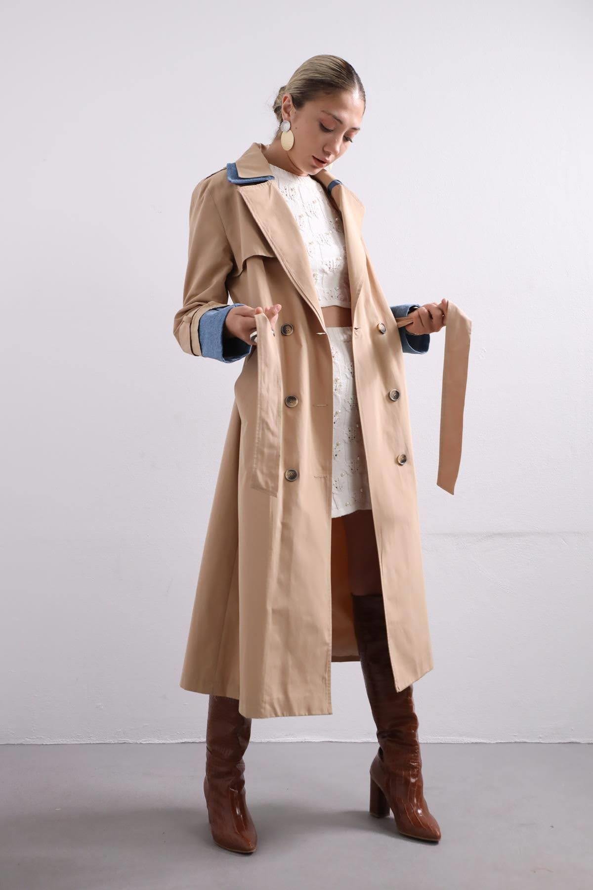  Camel Denim Parça Detaylı Trençkot